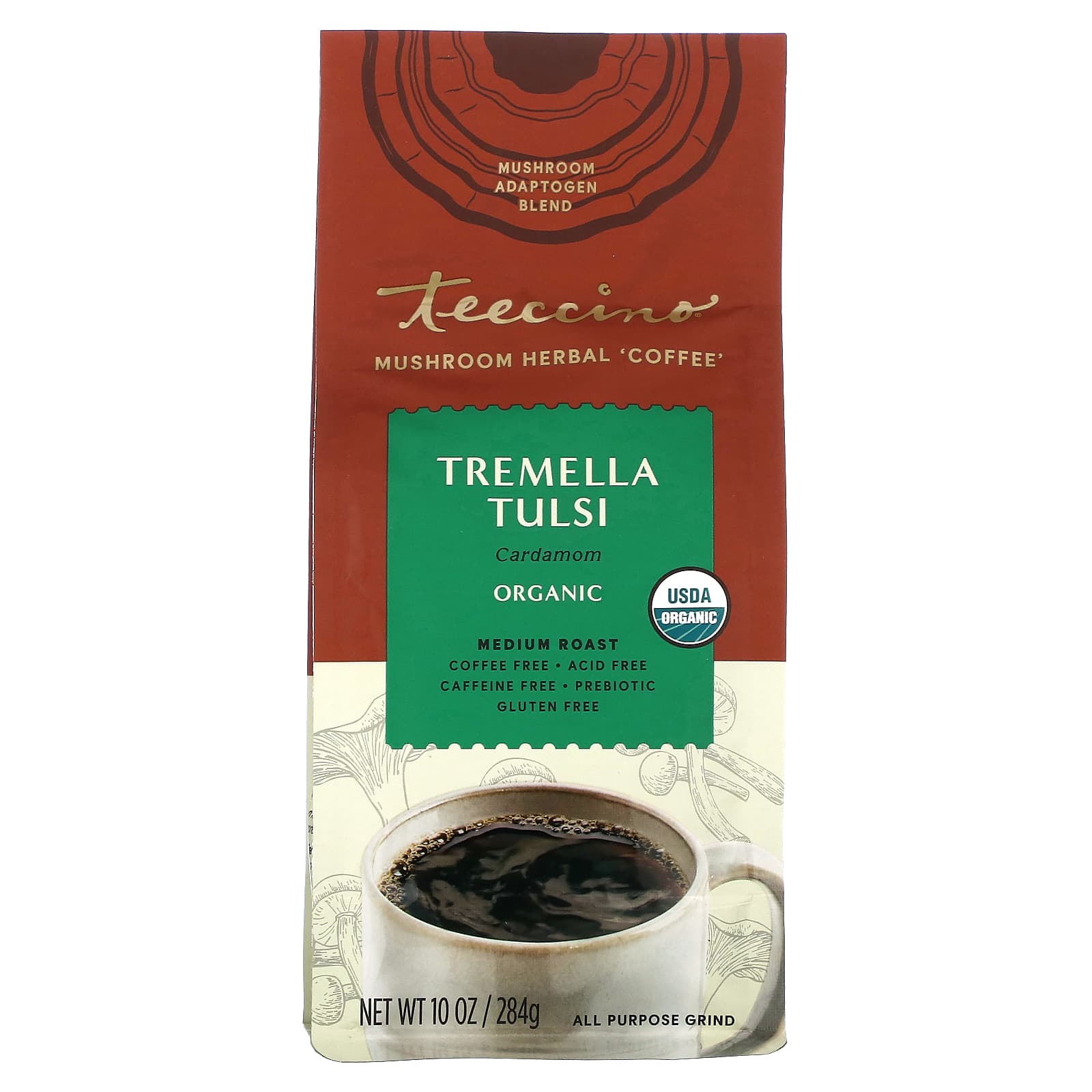 Teeccino-Organic Mushroom Herbal 'Coffee'-Tremella Tulsi-Medium Roast-Caffeine Free-10 oz (284 g)