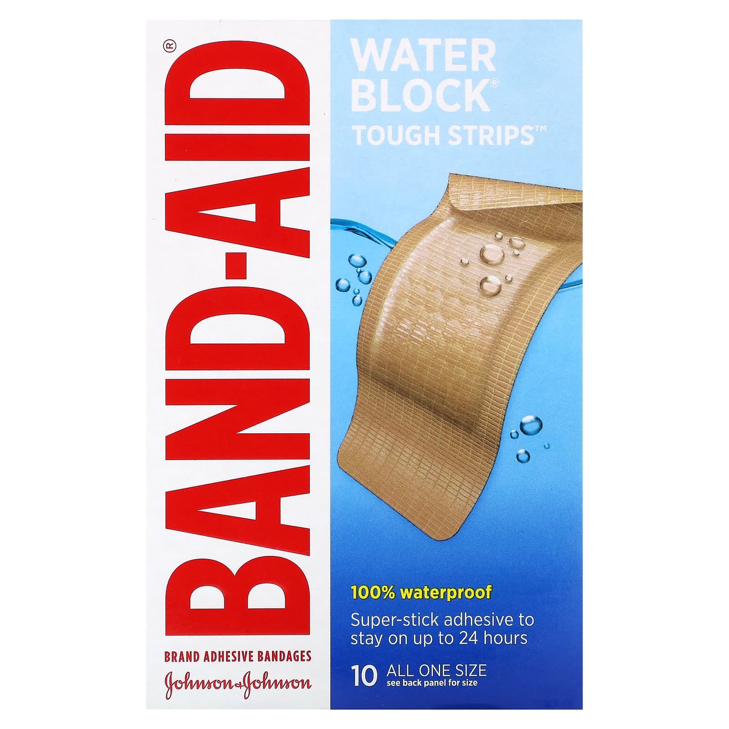 Band Aid-Adhesive Bandages-Water Block Tough Strips-10 Bandages