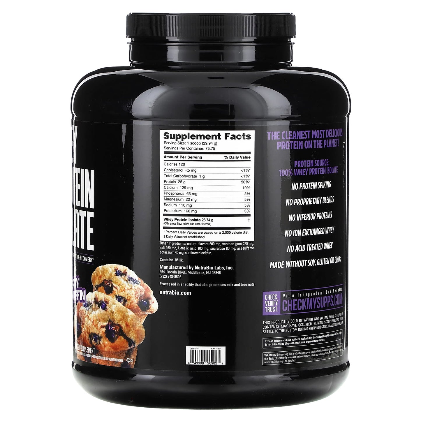 NutraBio, Whey Protein Isolate, Blueberry Muffin, 5 lb (2,268 g)