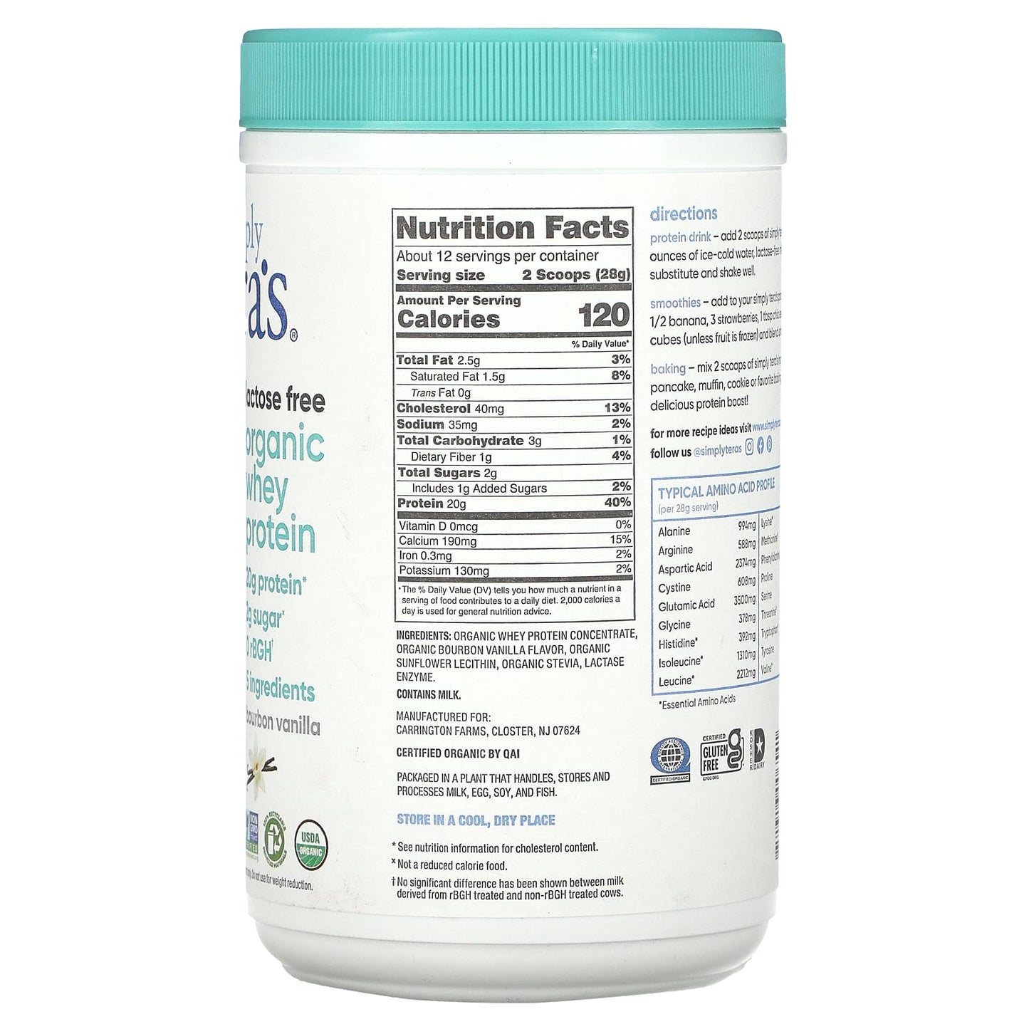 Simply Tera's, Organic Whey Protein, Bourbon Vanilla, 12 oz (340 g)