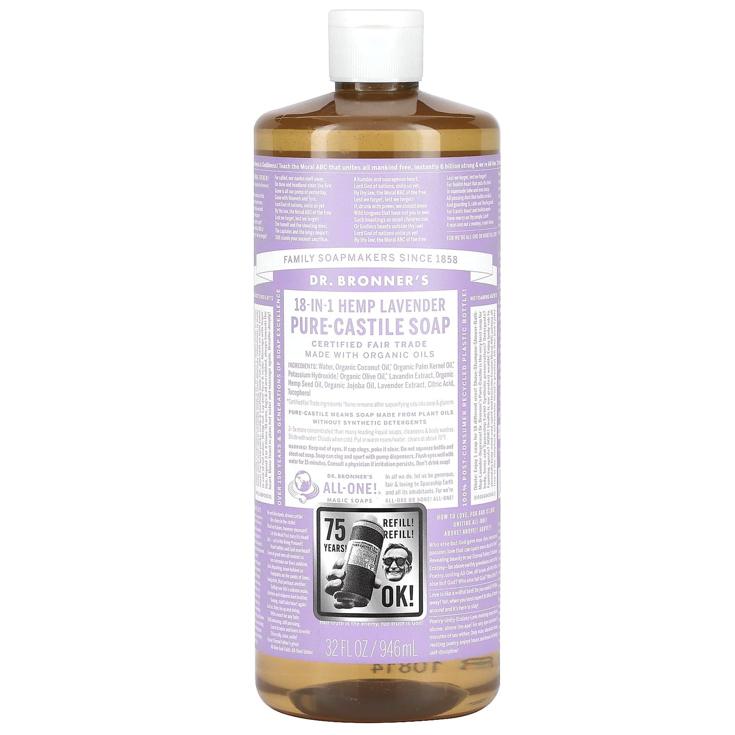 Dr. Bronner's-18-in-1 Hemp Pure-Castile Soap-Lavender-32 fl oz (946 ml)