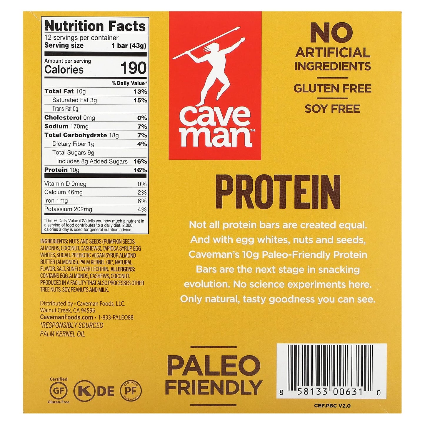 Caveman Foods, Protein Bar, Salted Almond Butter, 12 Bars, 1.52 oz (43 g) Each