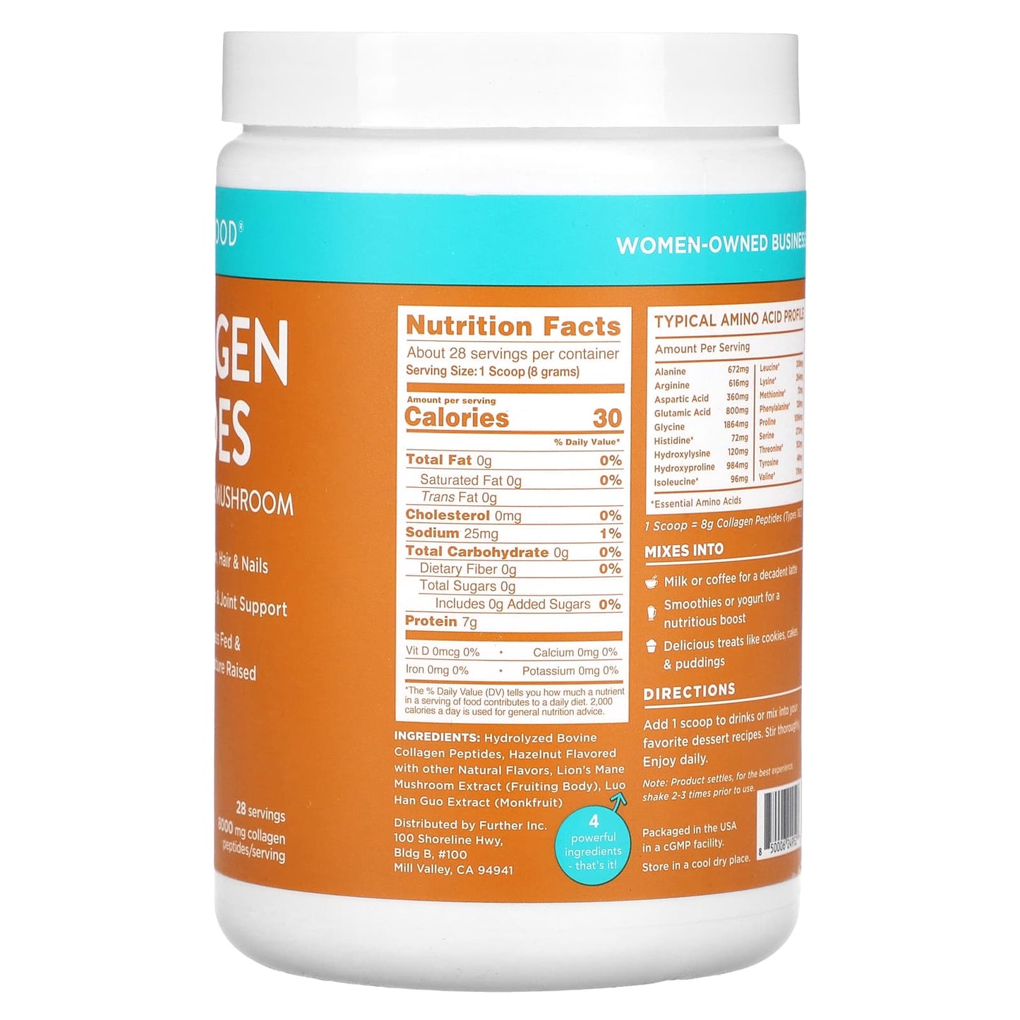 Further Food, Collagen Peptides Plus Lion's Mane Mushroom, Hazelnut, 8.36 oz (237 g)