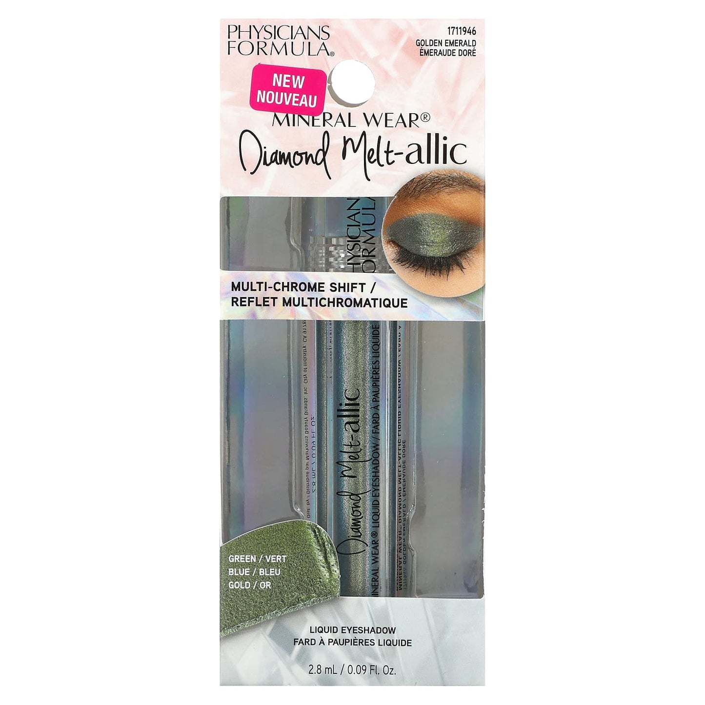 Physicians Formula, Mineral Wear, Diamond Melt-allic Liquid Eyeshadow, 1711946 Golden Emerald, 0.09 fl oz (2.8 ml)