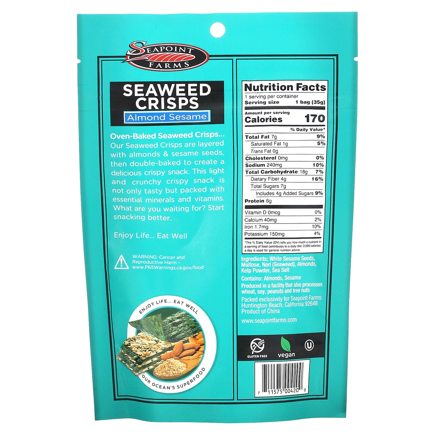 Seapoint Farms, Seaweed Crisps, Almond Sesame, 1.2 oz (35 g)