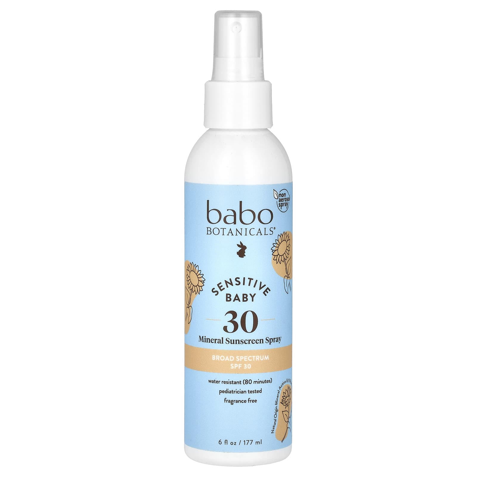 Babo Botanicals-Sensitive Baby-Mineral Sunscreen Spray-SPF 30-Fragrance Free-6 fl oz (177 ml)