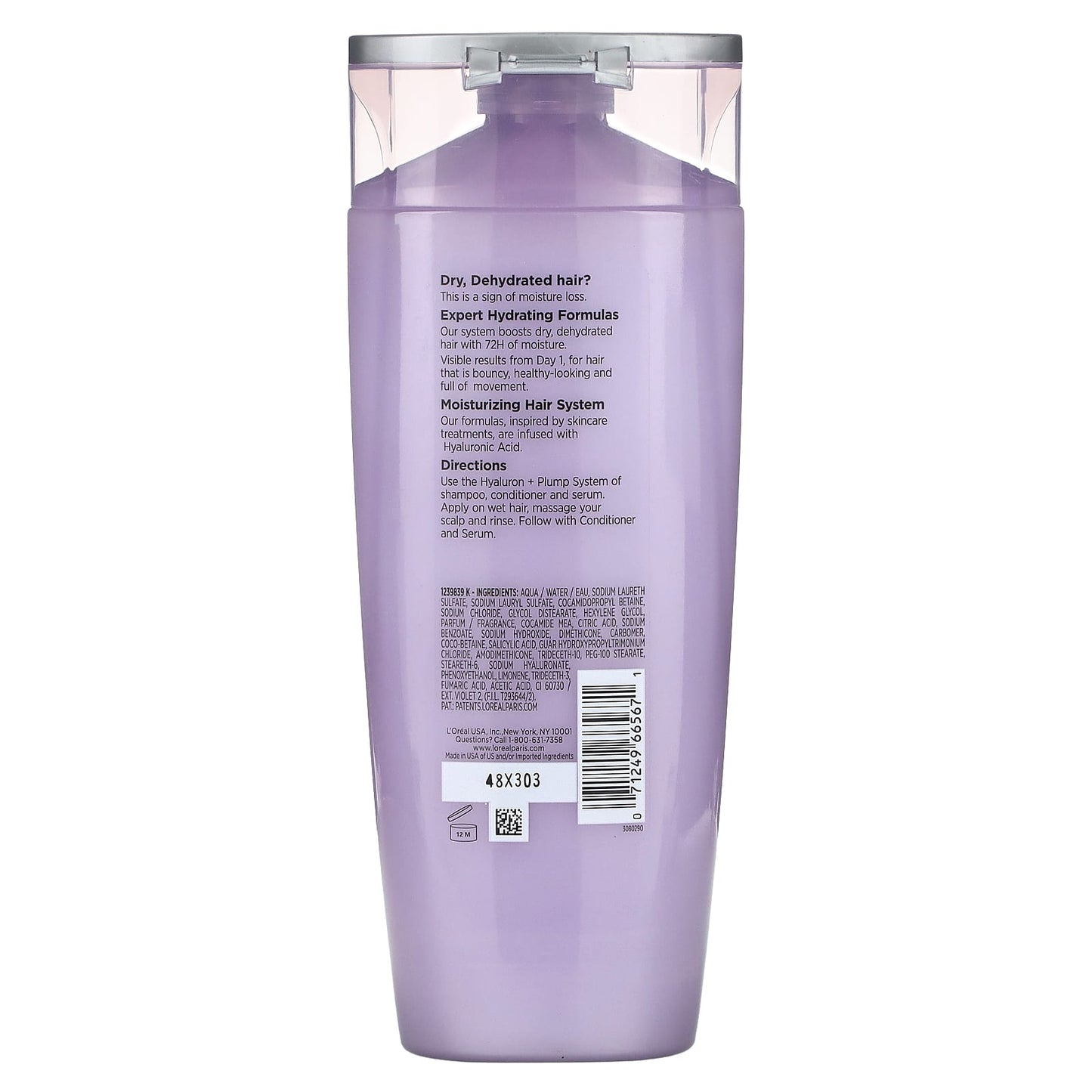 L'Oréal, Elvive, Hyaluron + Plump, 72H Hydrating Shampoo, Dry, Dehydrated Hair, 12.6 fl oz (375 ml)