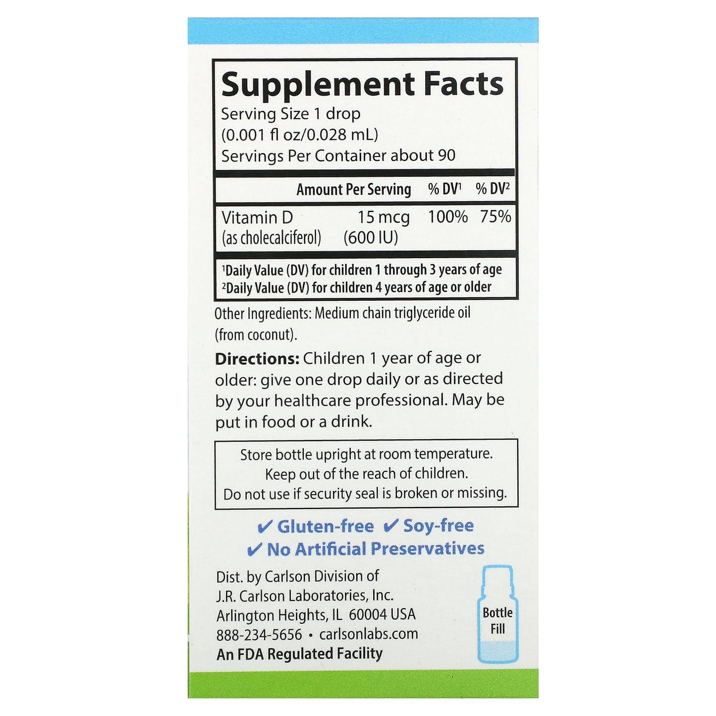 Carlson, Kid's Super Daily D3, 15 mcg (600 IU), 90 Vegetarian Drops, 0.086 fl oz (2.54 ml)