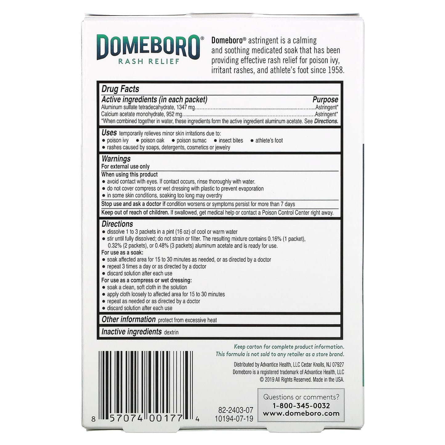 Domeboro, Medicated Soak, Rash Relief, 12 Powder Packets, 0.1 oz (2.7 g) Each