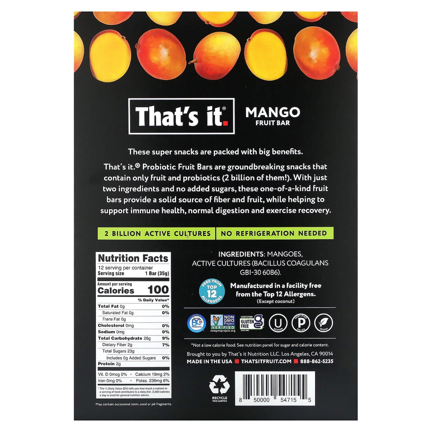 That's It, Probiotics + Prebiotics  Fruit Bar, Mango, 12 Bars, 1.2 oz (35 g) Each