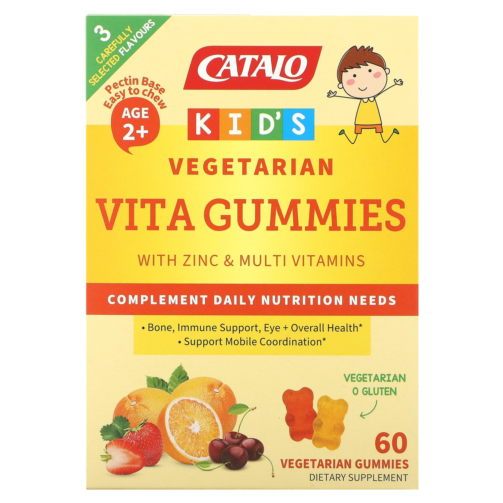 Catalo Naturals-Kid's Vegetarian Vita Gummies with Zinc & Multivitamins-Age 2+-Strawberry-Cherry & Orange-60 Vegetarian Gummies