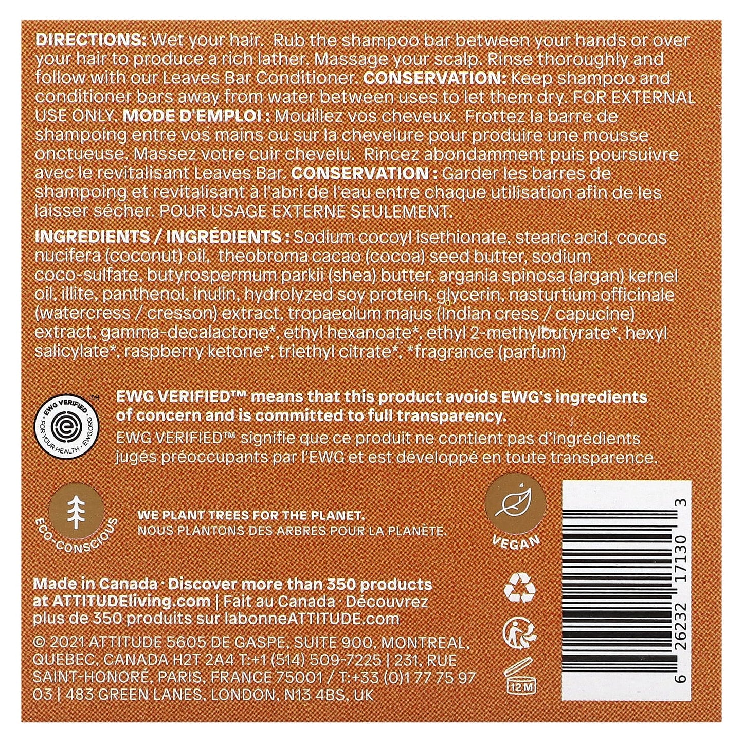 ATTITUDE, Leaves Bar, Volumizing Shampoo Bar, Orange Cardamom, 4 oz (113 g)