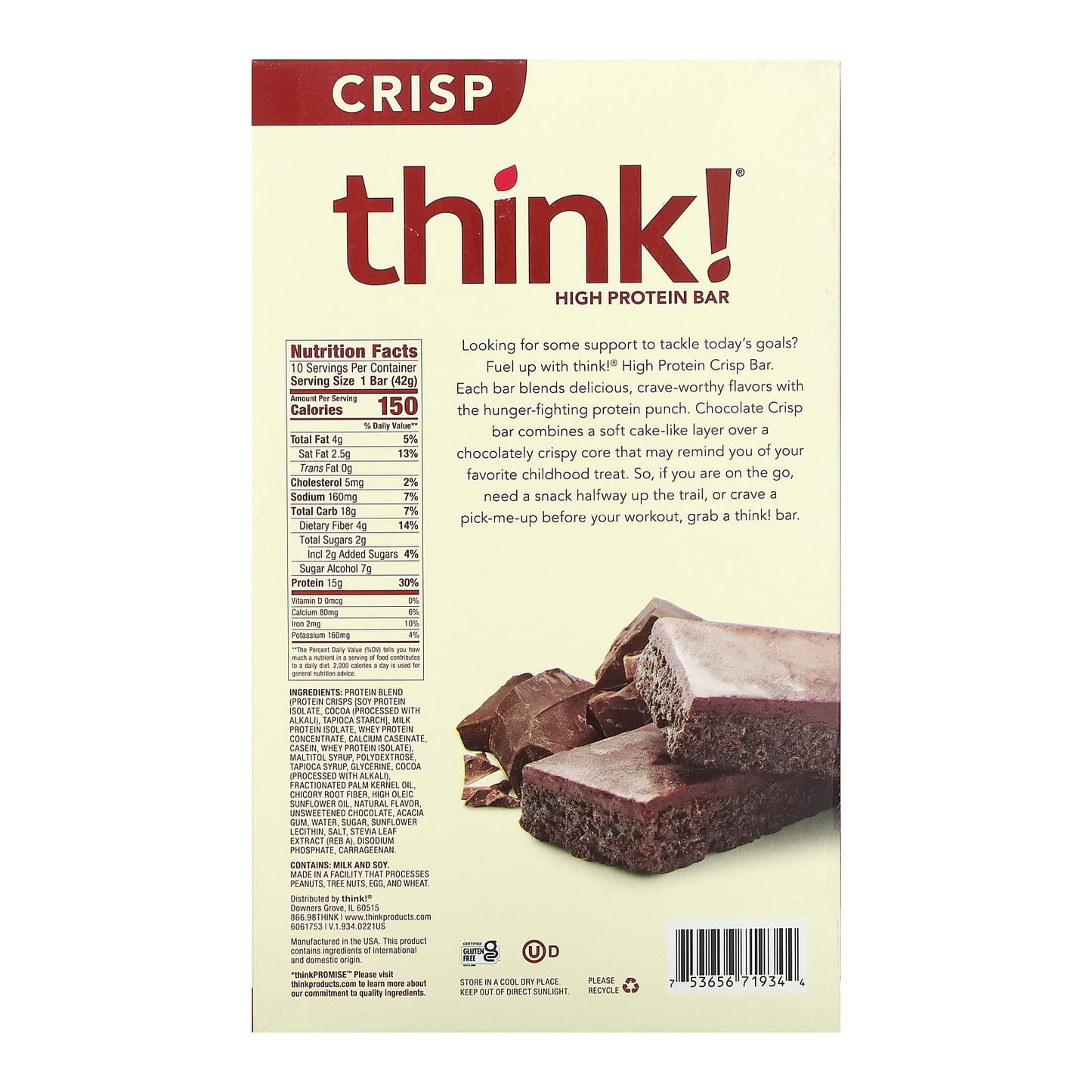 Think !, High Protein Bar, Chocolate Crisp, 10 Bars, 1.48 oz (42 g)