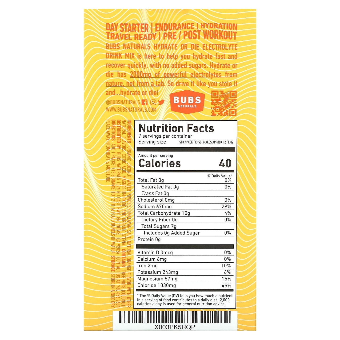 BUBS Naturals, Hydrate or Die, Electrolyte Drink Mix, Orange, 7 Sticks, 0.4 oz (13.5 g) Each