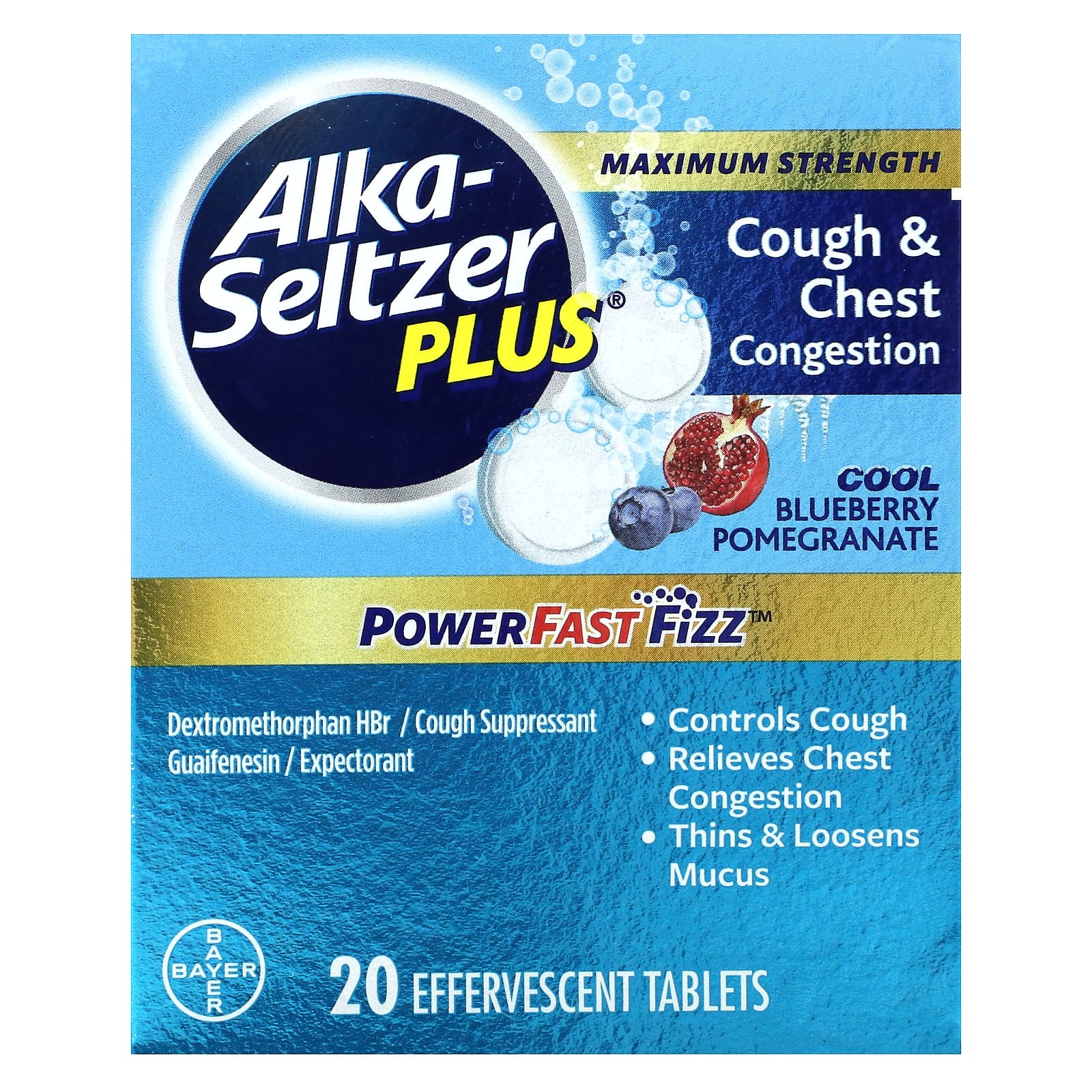 Alka-Seltzer Plus-Maximum Strength-Cough & Chest Congestion-Cool Blueberry Pomegranate -20 Effervescent Tablets