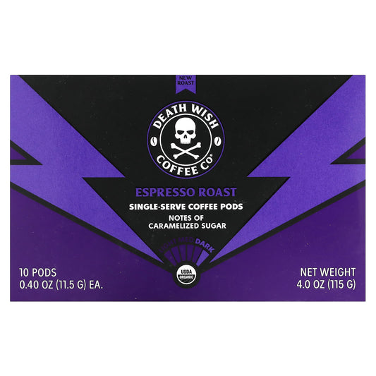 Death Wish Coffee-Espresso Roast-Dark-10 Single-Serve Coffee Pods-0.40 oz (11.5 g) Each