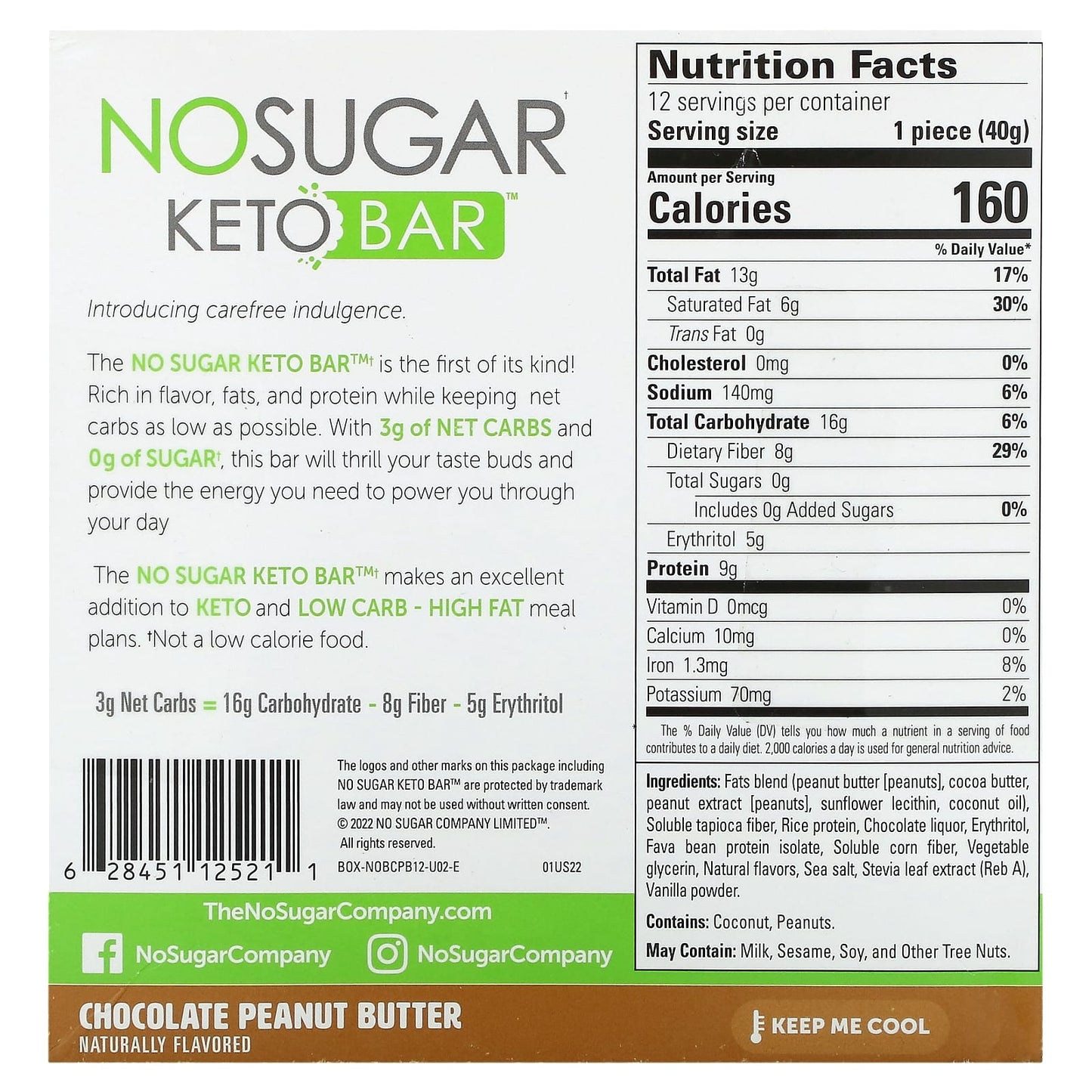 No Sugar Company, Keto Bar, Chocolate Peanut Butter, 12 Bars, 1.41 oz (40 g) Each