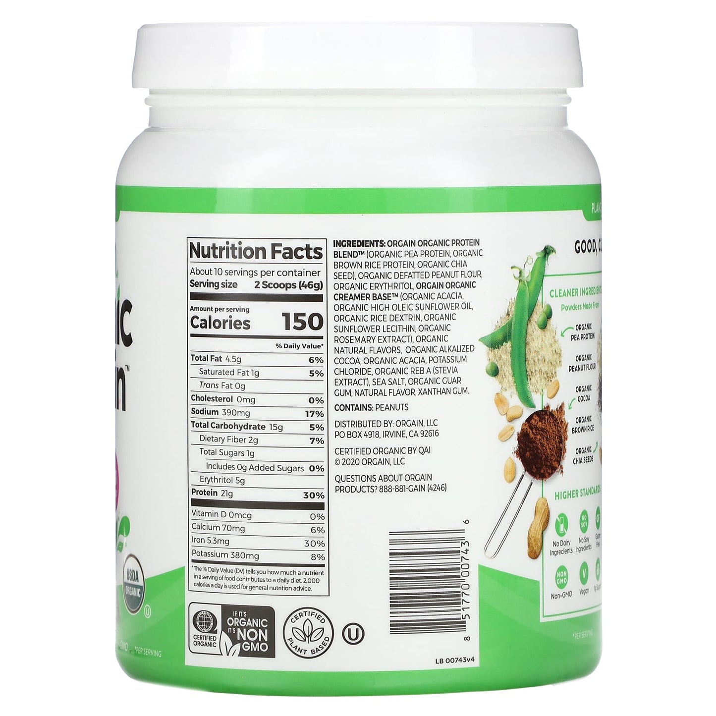 Orgain, Organic Protein Powder, Plant Based, Chocolate Peanut Butter , 1.02 (462 g)