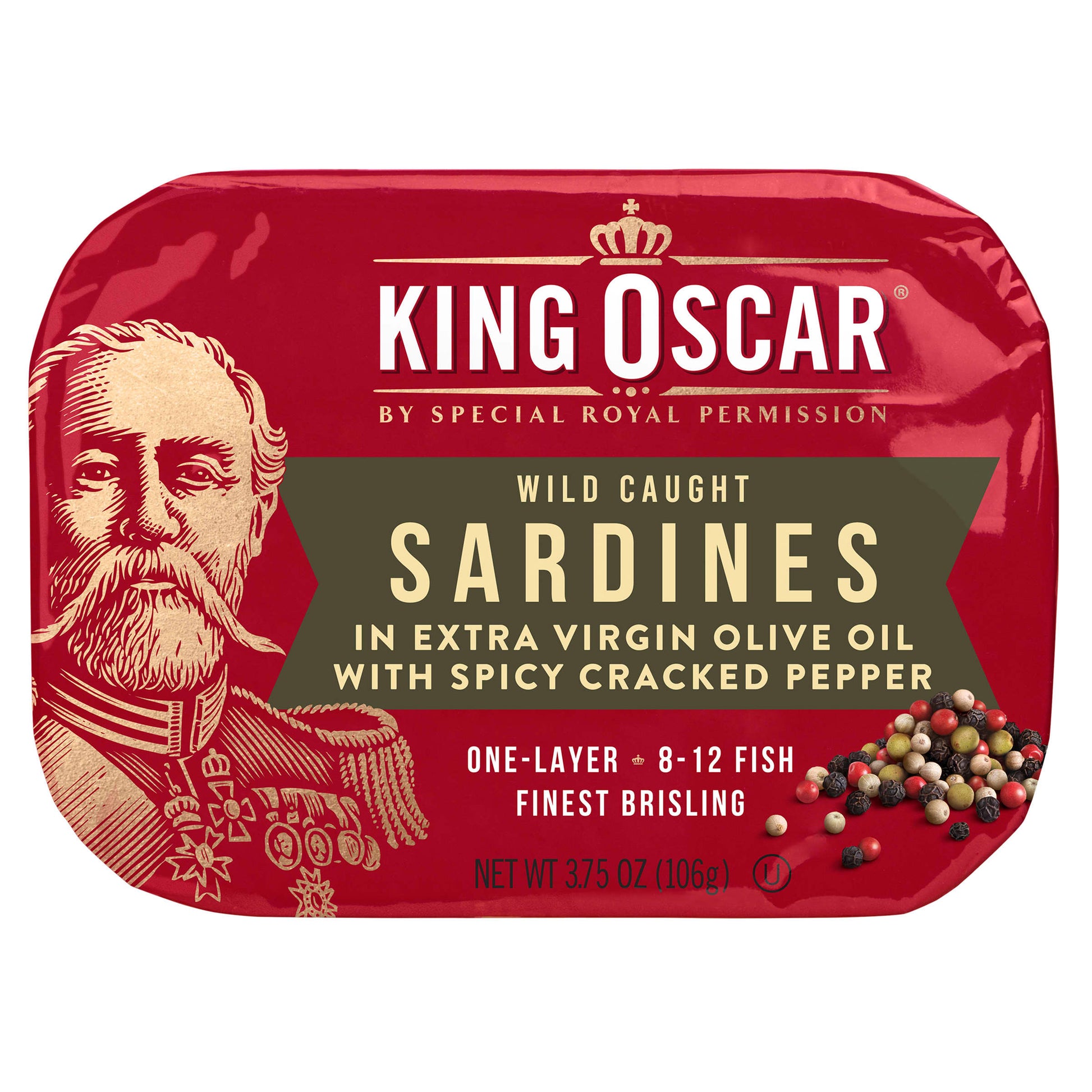 King Oscar-Wild Caught-Sardines In Extra Virgin Olive Oil-With Spicy Cracked Pepper-One Layer-3.75 oz (106 g)