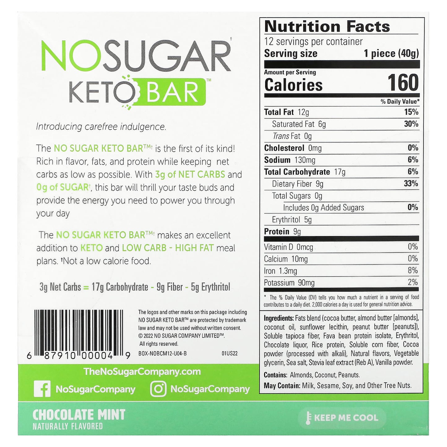 No Sugar Company, Keto Bar, Chocolate Mint, 12 Bars, 1.41 oz (40 g) Each