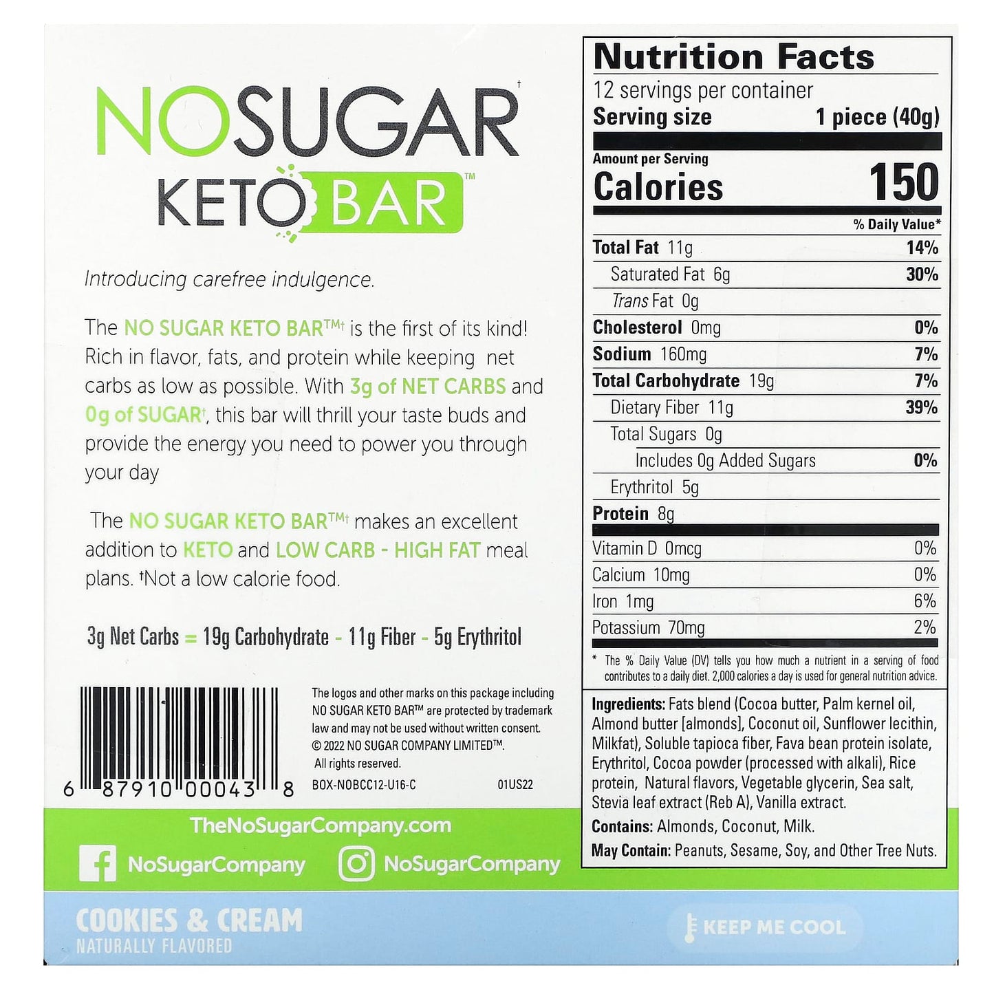 No Sugar Company, Keto Bar, Cookies & Cream, 12 Bars, 1.41 oz (40 g) Each