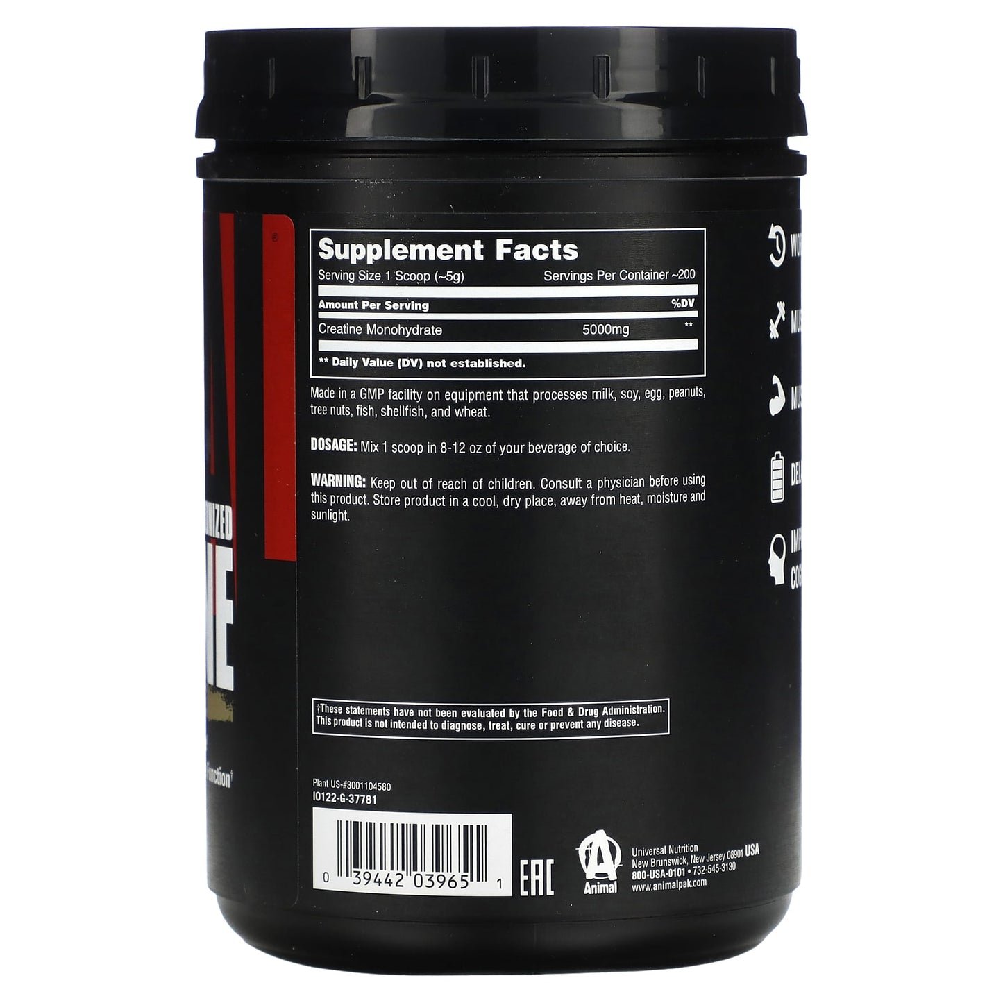 Animal, Micronized Creatine, Monohydrate Powder, Unflavored, 2.2 lb (1 kg)