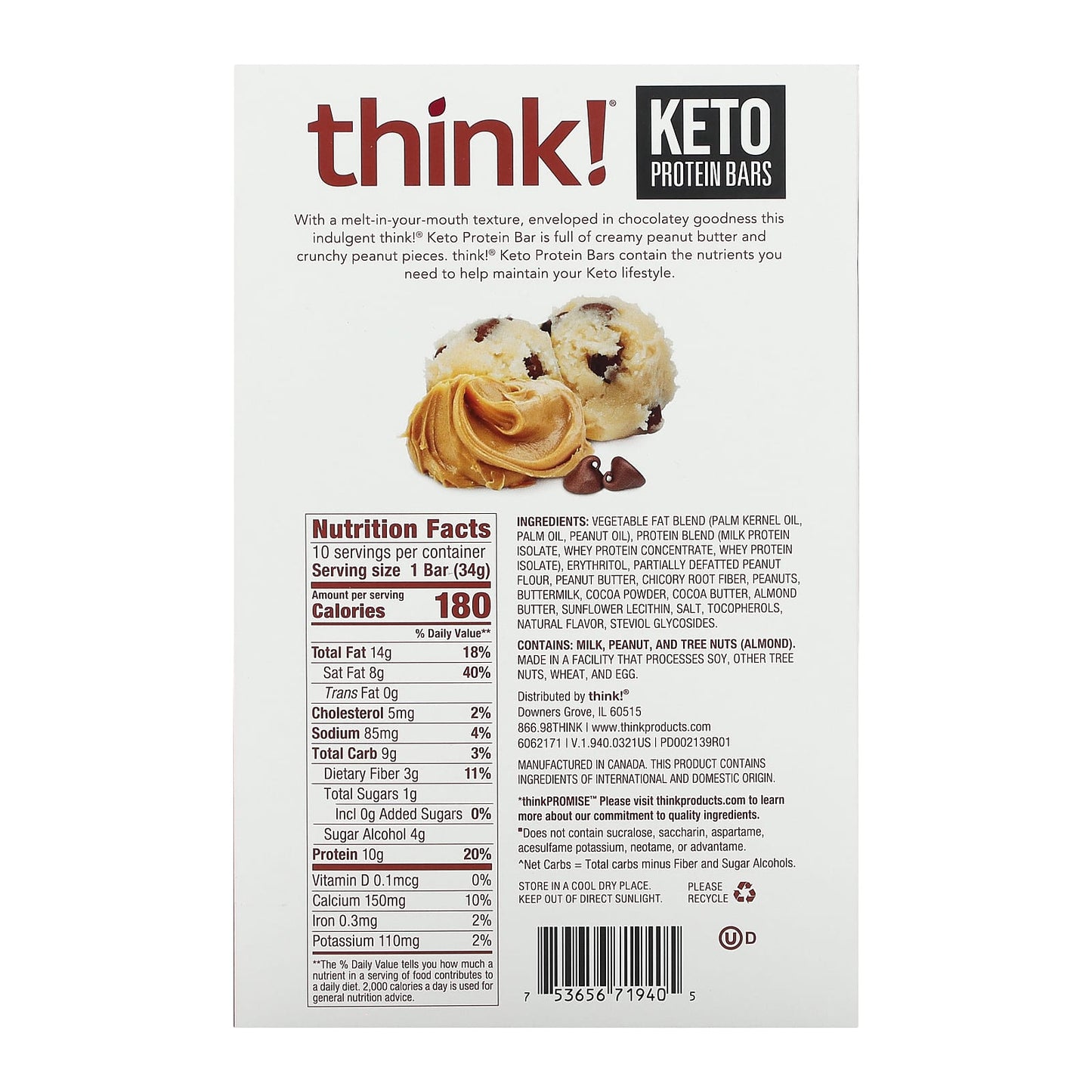 Think !, Keto Protein Bars, Chocolate Peanut Butter Cookie Dough, 10 Bars, 1.2 oz (34 g) Each