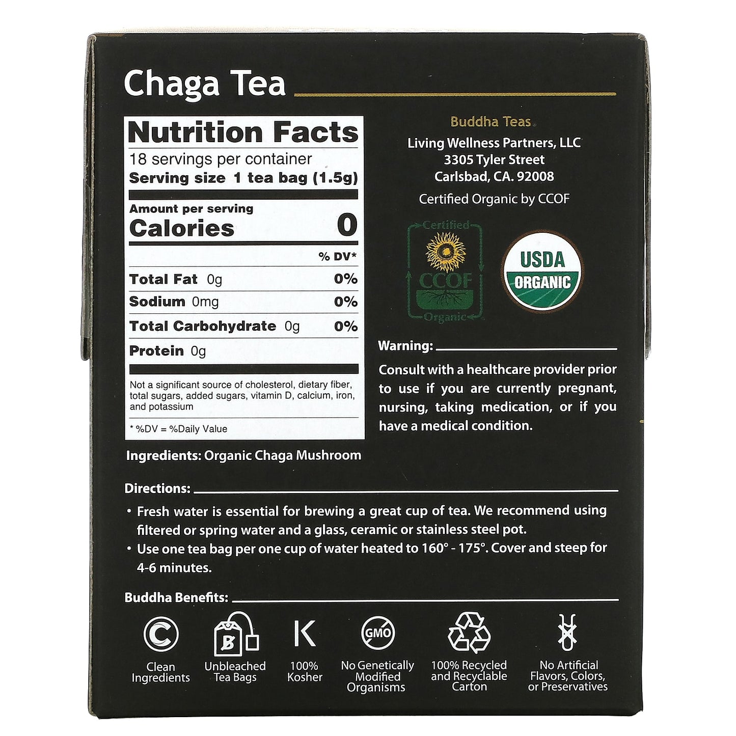 Buddha Teas, Organic Herbal Tea, Chaga Mushroom, 18 Tea Bags, 0.95 oz (27 g)