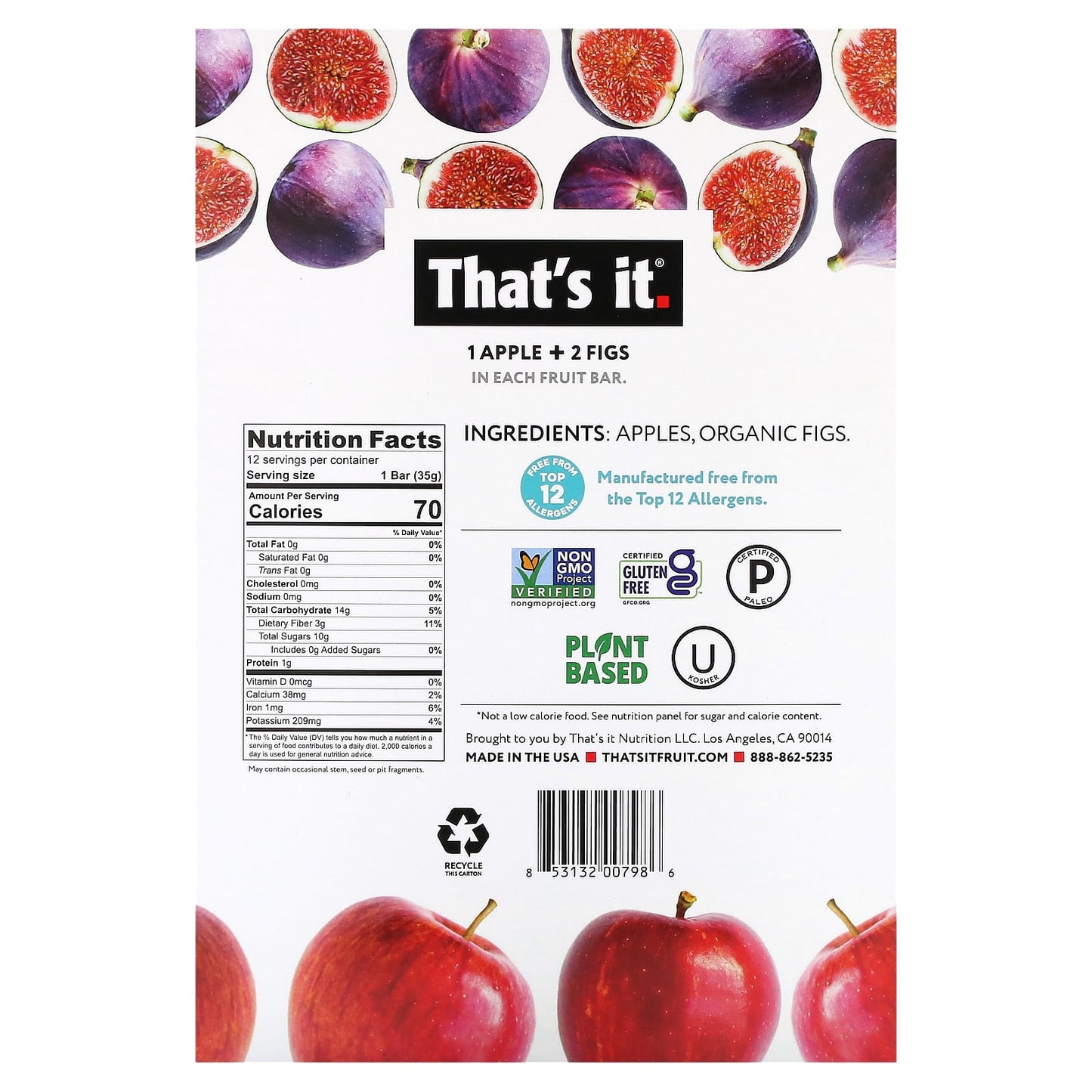 That's It, Fruit Bar, 1 Apple + 2 Figs, 12  Bars, 1.2 oz (35 g) Each