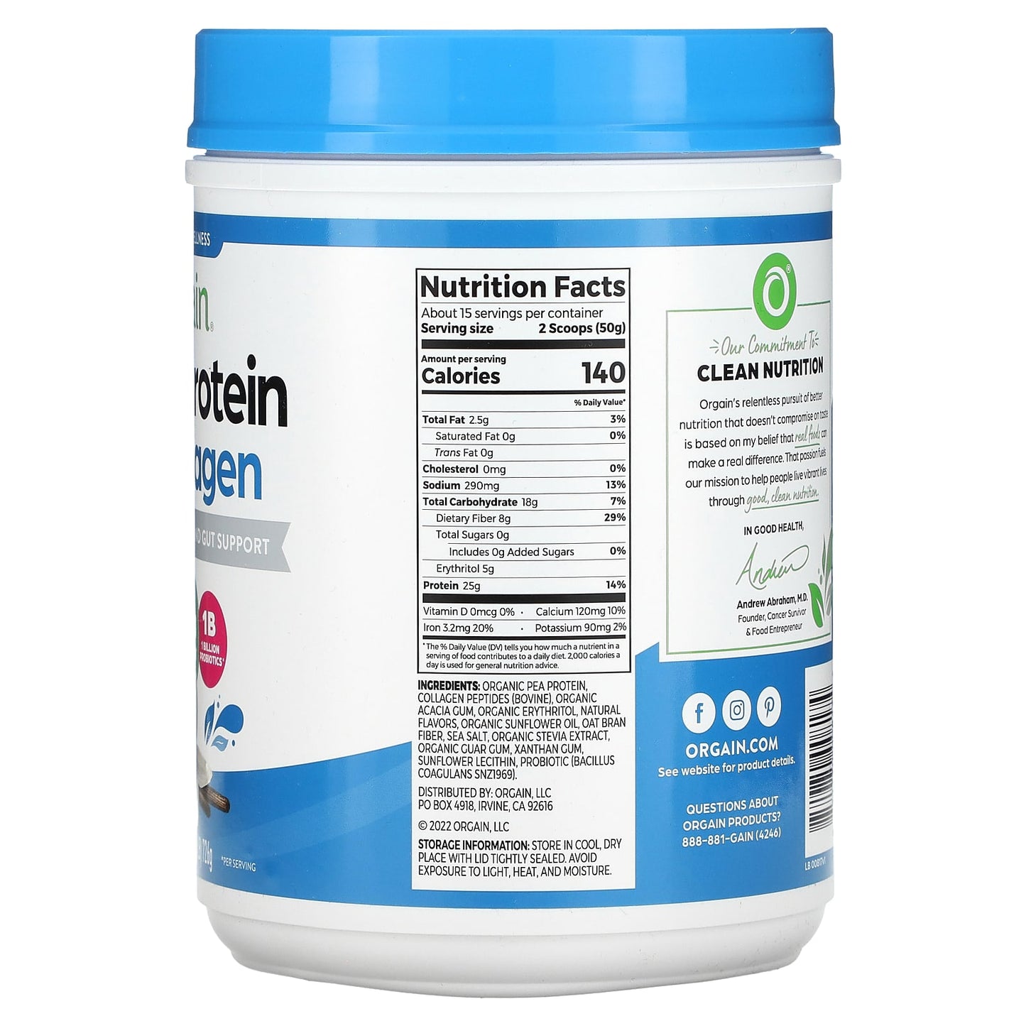 Orgain, Plant Protein Plus Collagen, Vanilla Bean, 1.6 lb (726 g)