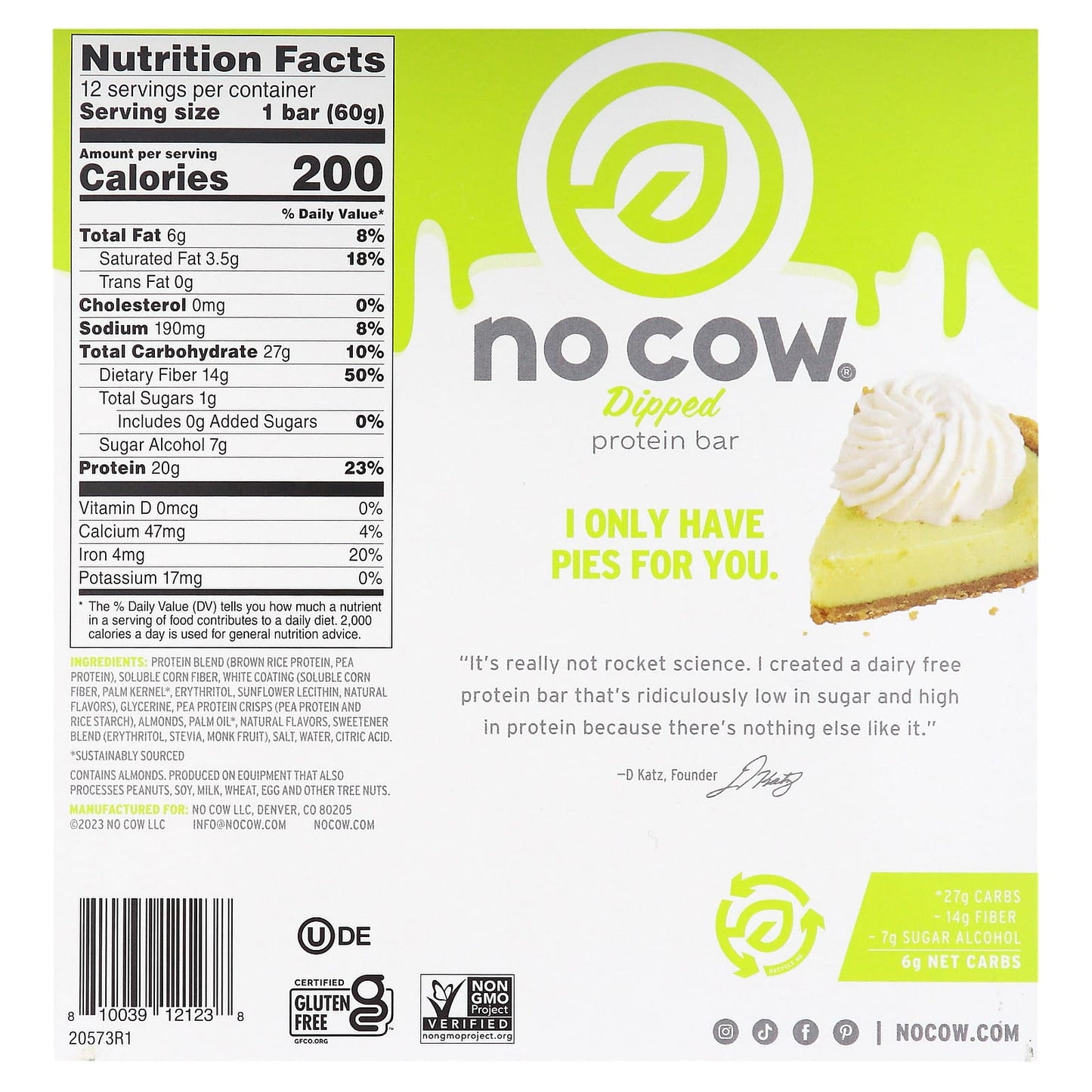 No Cow, Dipped Protein Bar, Key Lime Pie, 12 Bars, 2.12 oz (60 g) Each