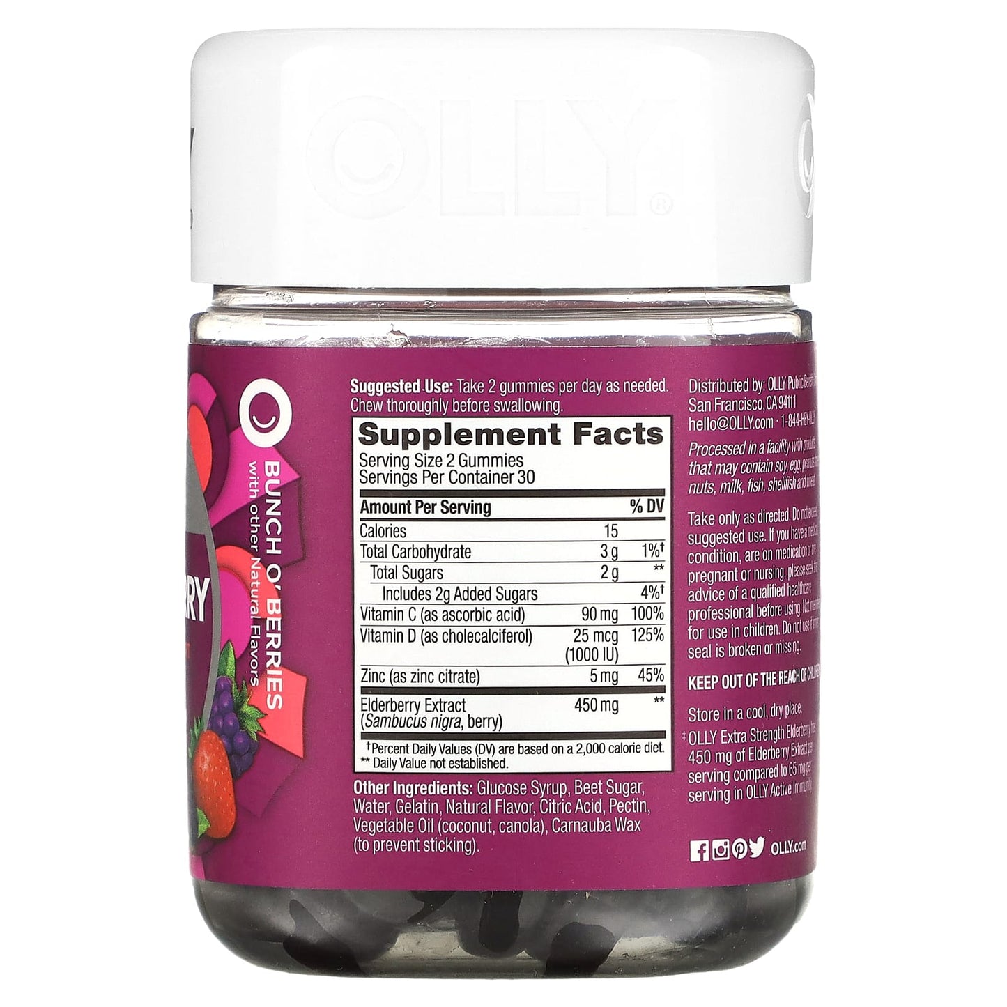 OLLY, Elderberry, Extra Strength, Bunch O' Berries, 450 mg, 60 Gummies (225 mg per Gummy)