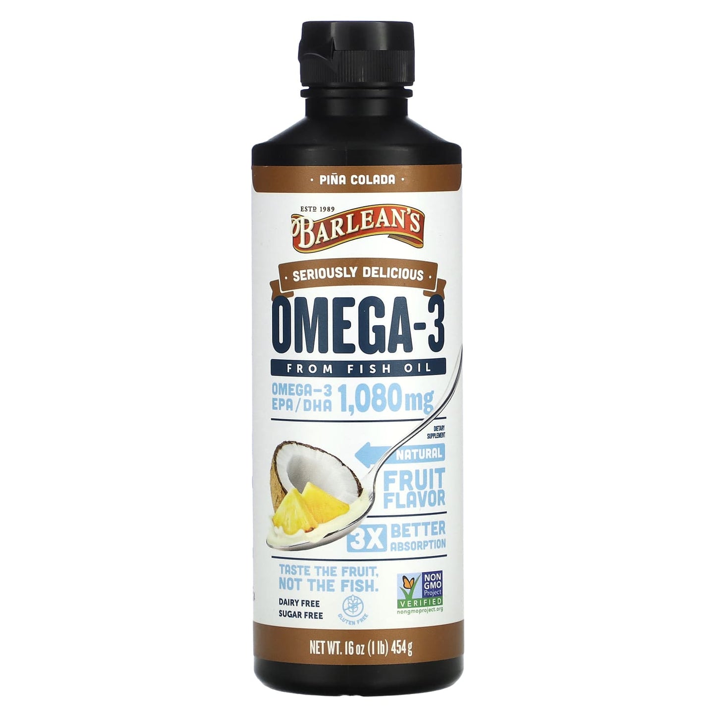 Barlean's-Seriously Delicious-Omega-3  From Fish Oil-Piña Colada-1,080 mg-1 lb (454 g)