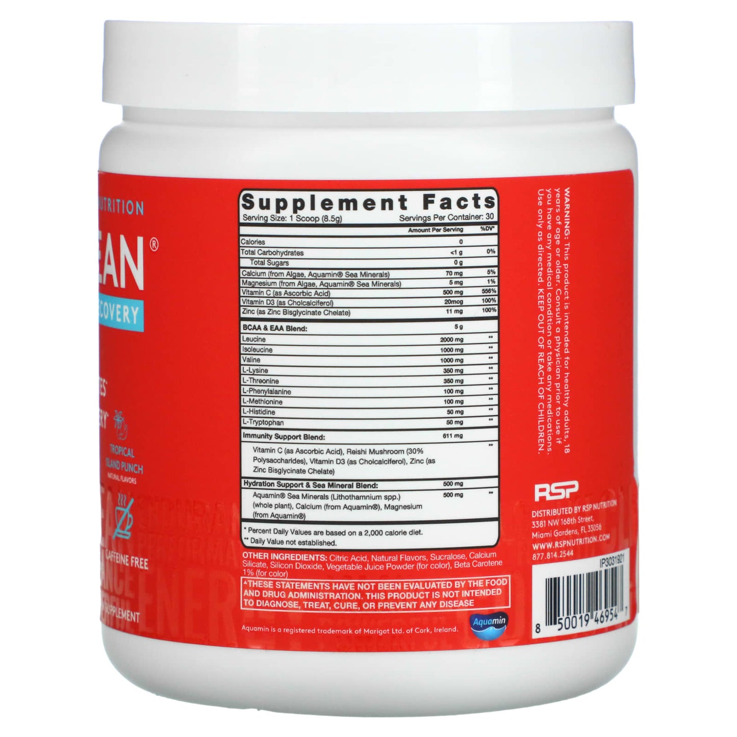 RSP Nutrition, AminoLean Recovery, Tropical Island Punch, Caffeine Free, 8.99 oz (255 g)