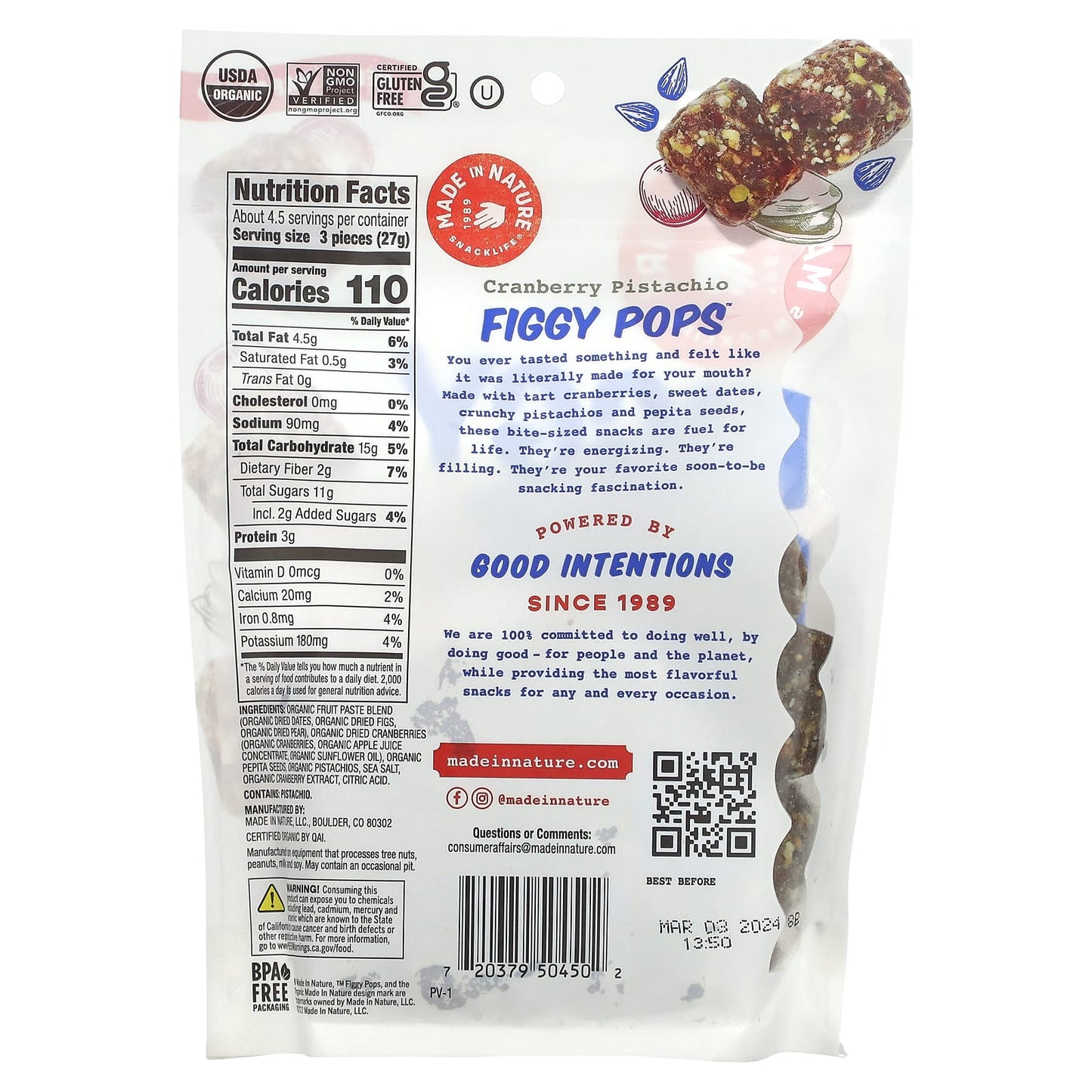 Made in Nature, Figgy Pops, Cranberry Pistachio, 4.2 oz (119 g)