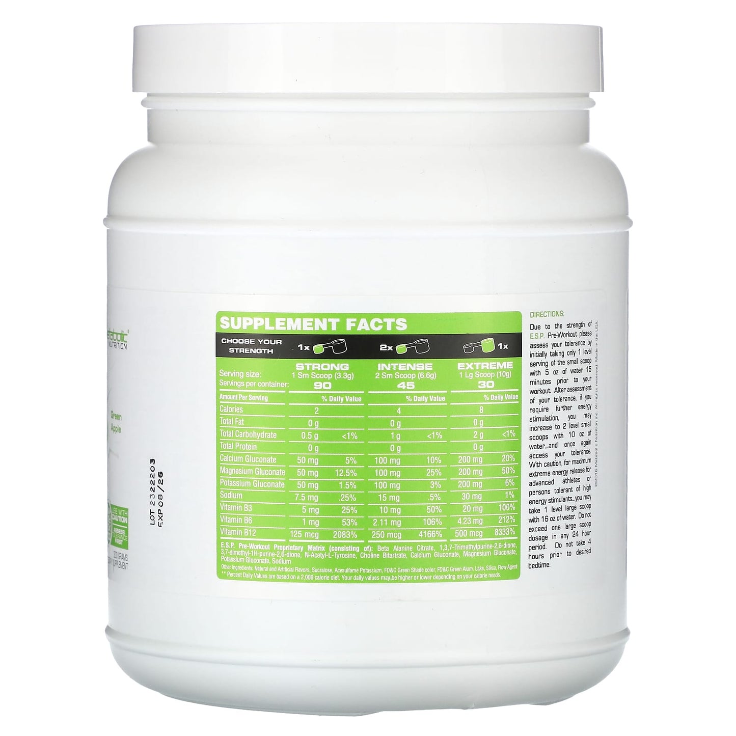 Metabolic Nutrition, E.S.P. Pre-Workout, Green Apple, 300 g