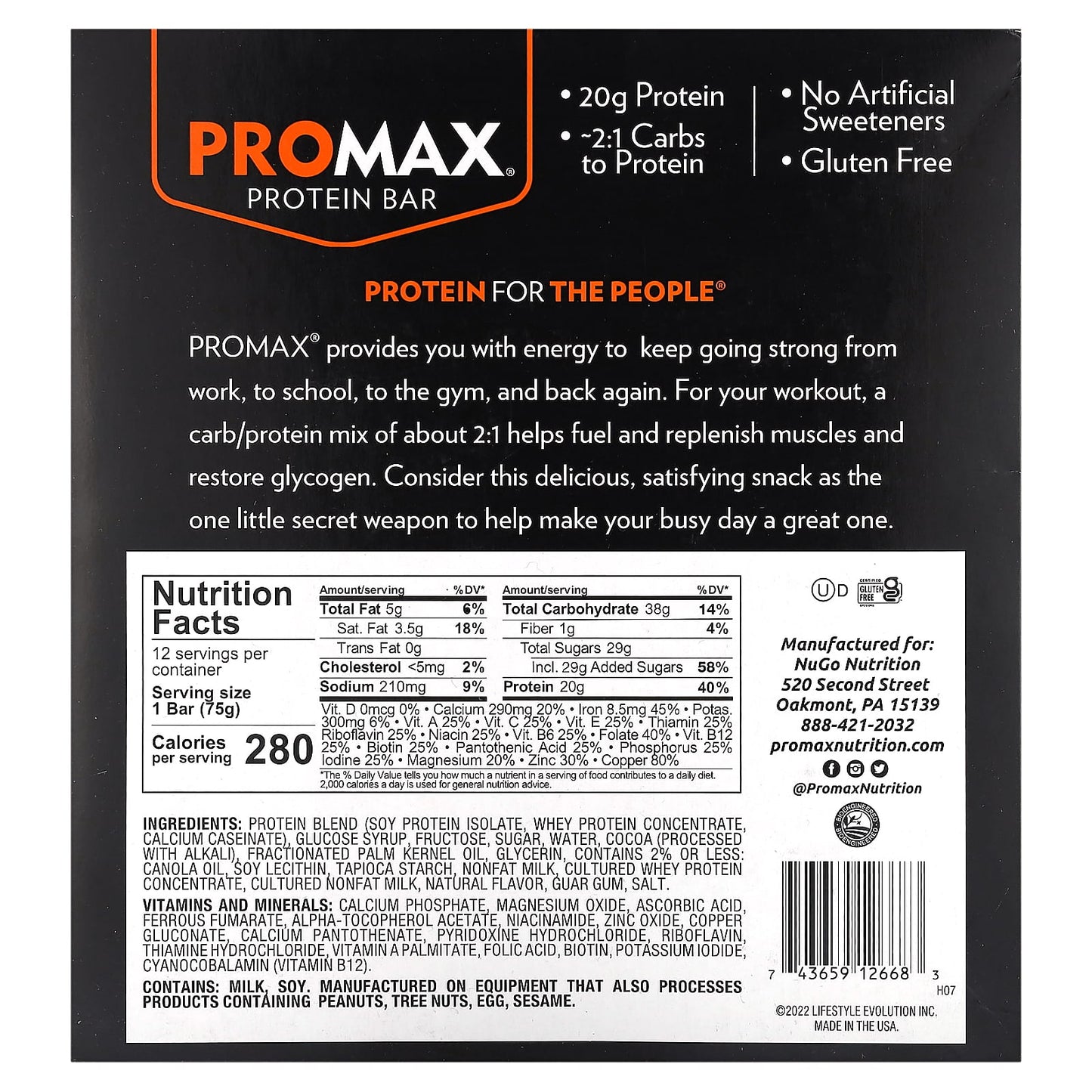 NuGo Nutrition, ProMax Protein Bar, Cookies 'n Cream, 12 Bars, 2.64 oz (75 g) Each