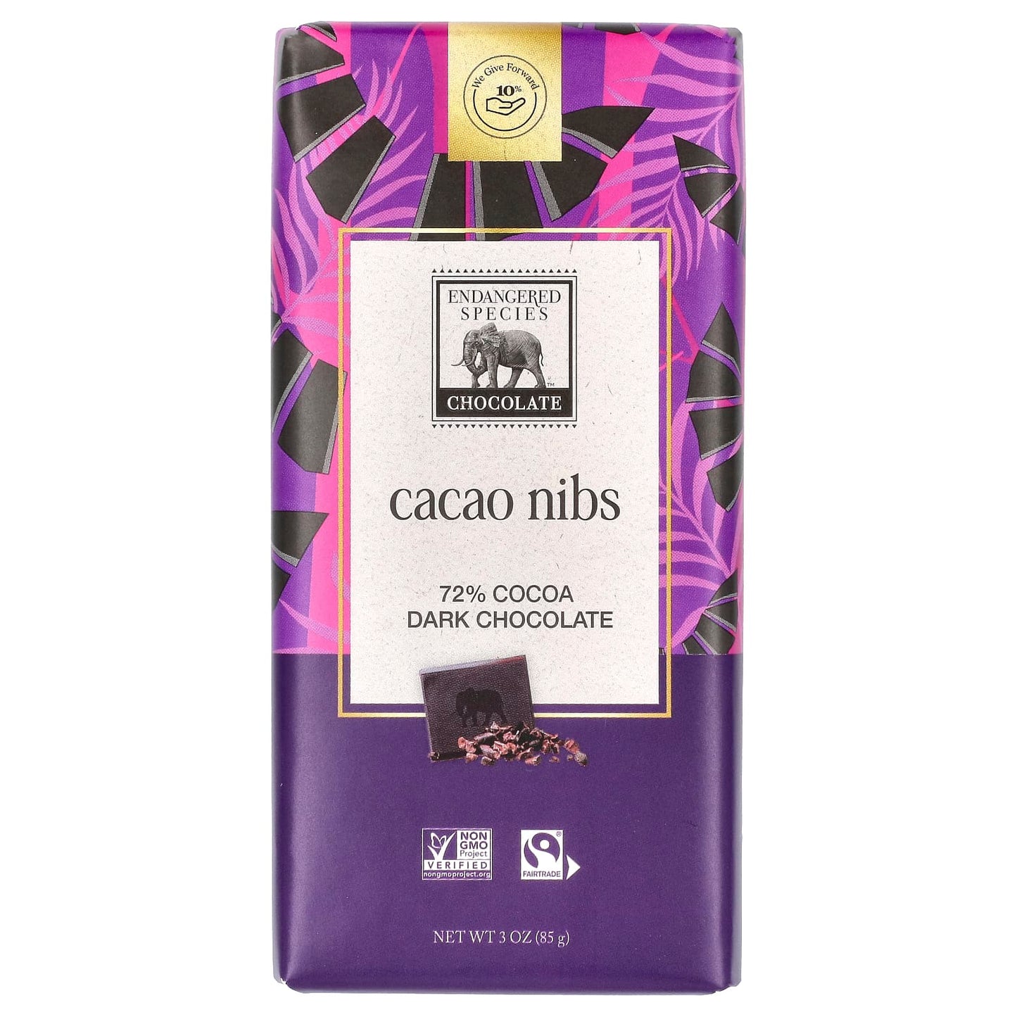 Endangered Species Chocolate-Cacao Nibs-Dark Chocolate-72% Cocoa-3 oz (85 g)