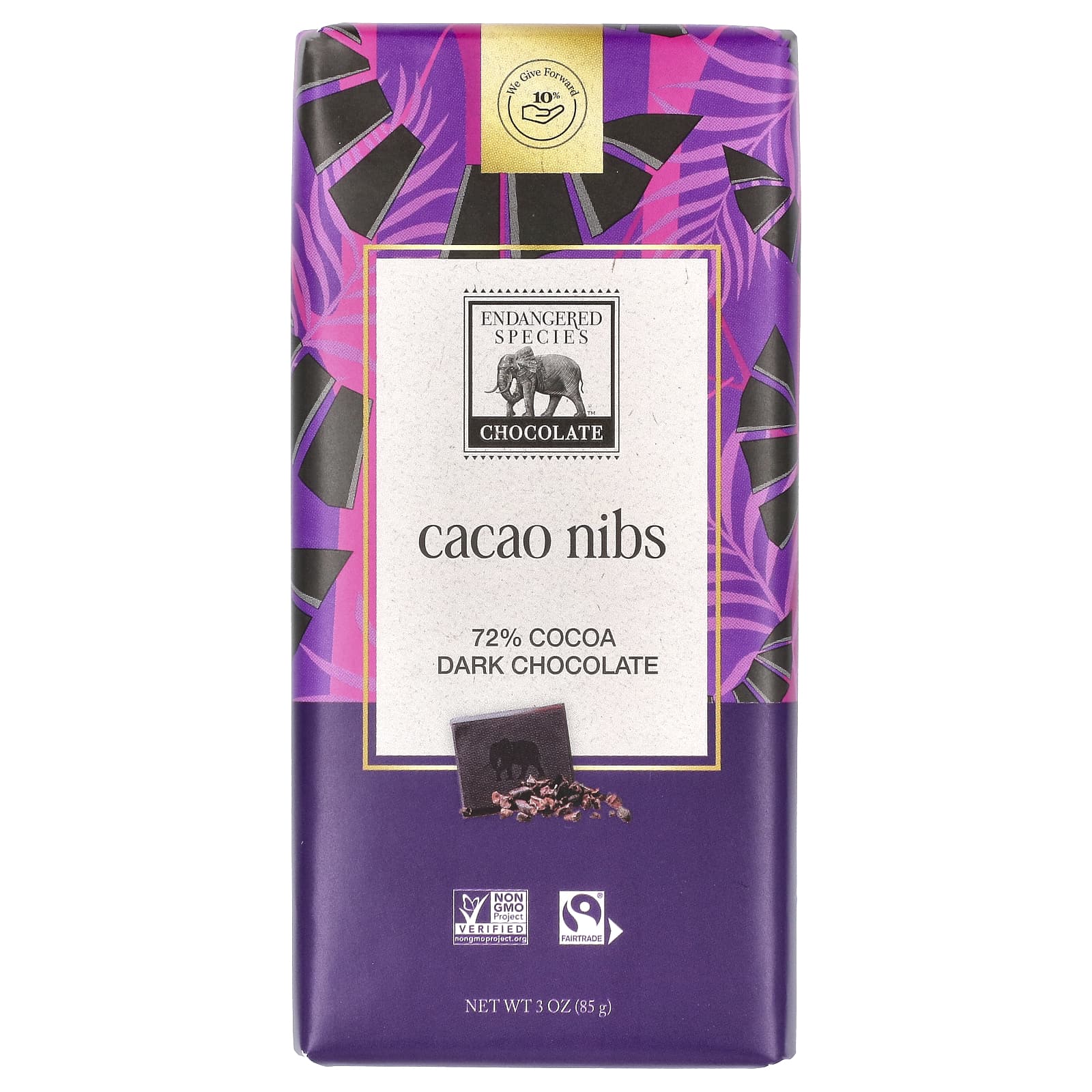 Endangered Species Chocolate-Cacao Nibs-Dark Chocolate-72% Cocoa-3 oz (85 g)