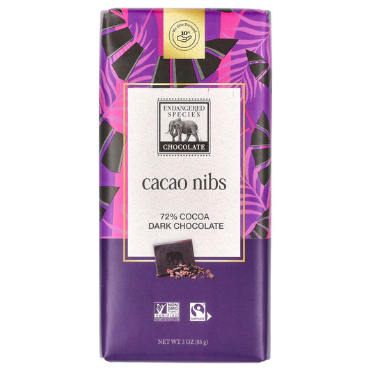 Endangered Species Chocolate-Cacao Nibs-Dark Chocolate-72% Cocoa-3 oz (85 g)