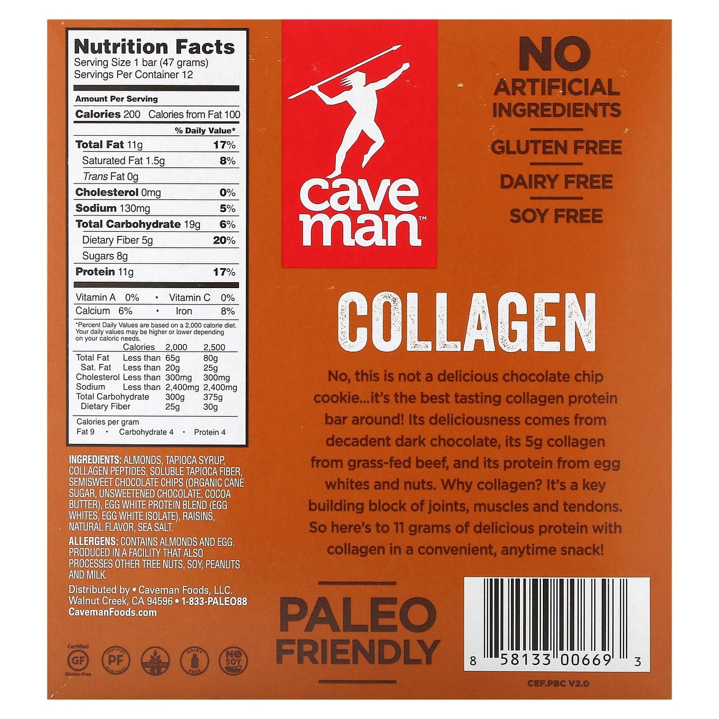 Caveman Foods, Collagen Protein Bar, Chocolate Chip, 12 Bars, 1.66 oz (47 g) Each