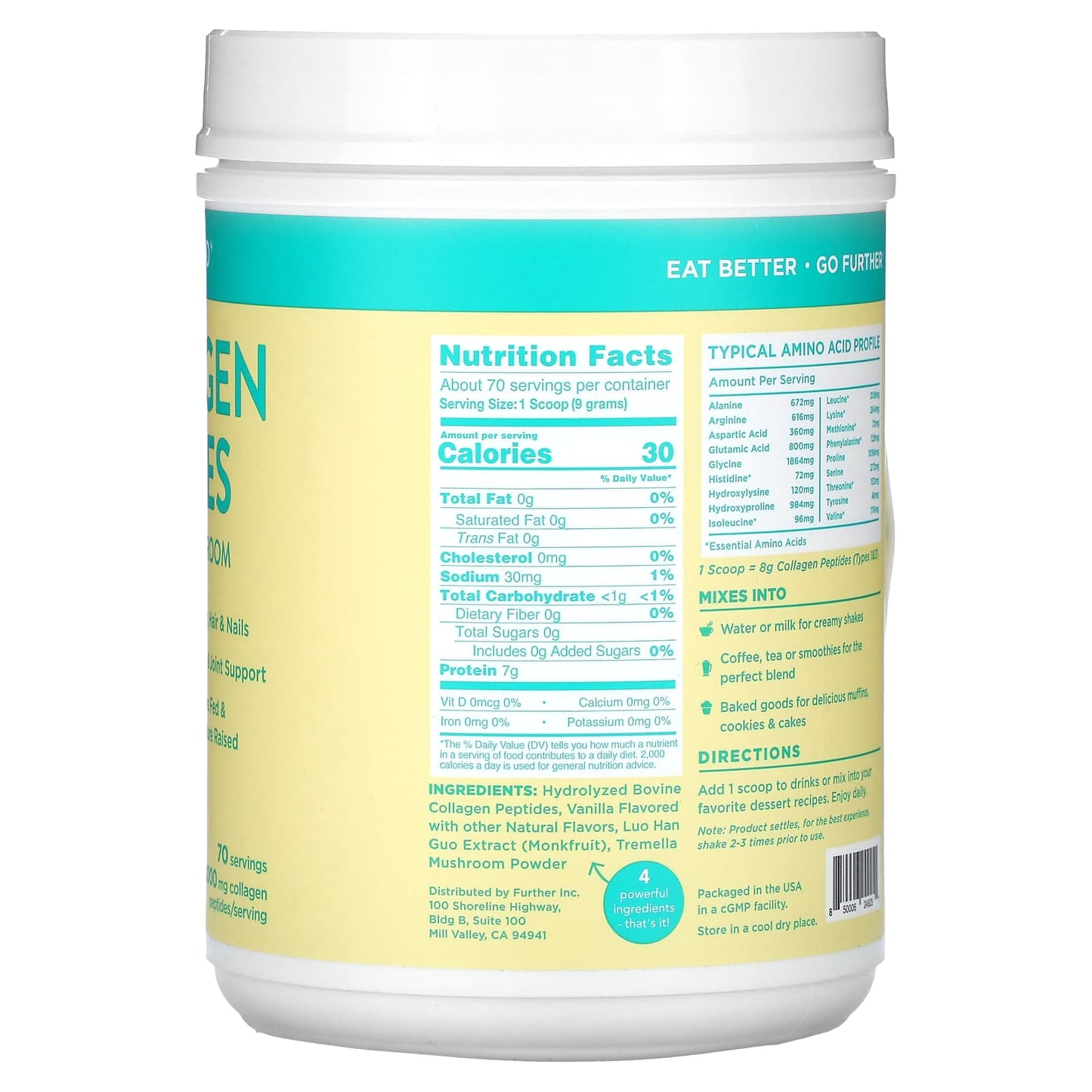 Further Food, Collagen Peptides Plus Beauty Mushroom, Vanilla, 22.2 oz (630 g)