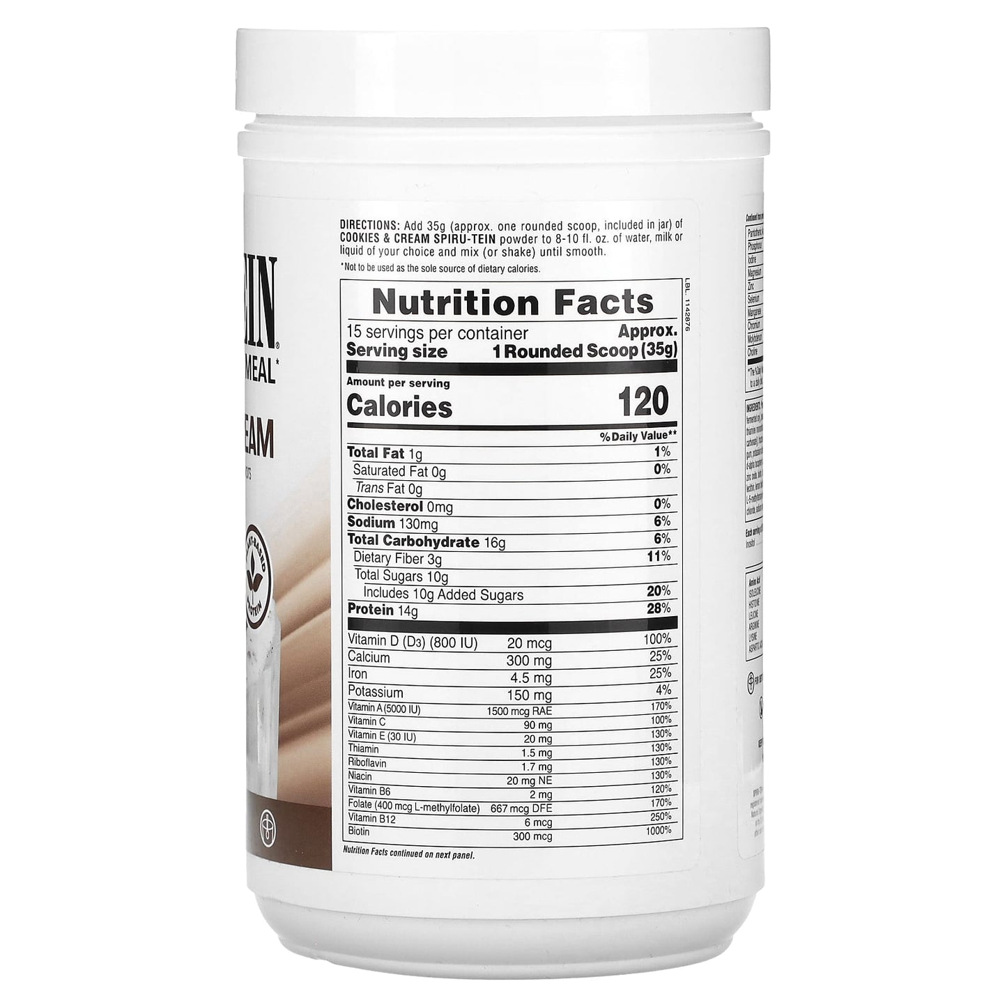 NaturesPlus, Spiru-Tein, Protein Powder Meal, Cookies & Cream, 1.15 lbs (525 g)