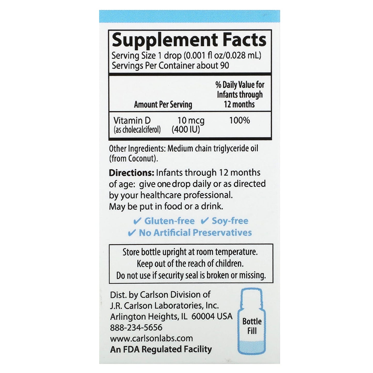 Carlson, Baby's Super Daily D3, 10 mcg (400 IU), 0.086 fl oz (2.54 ml)