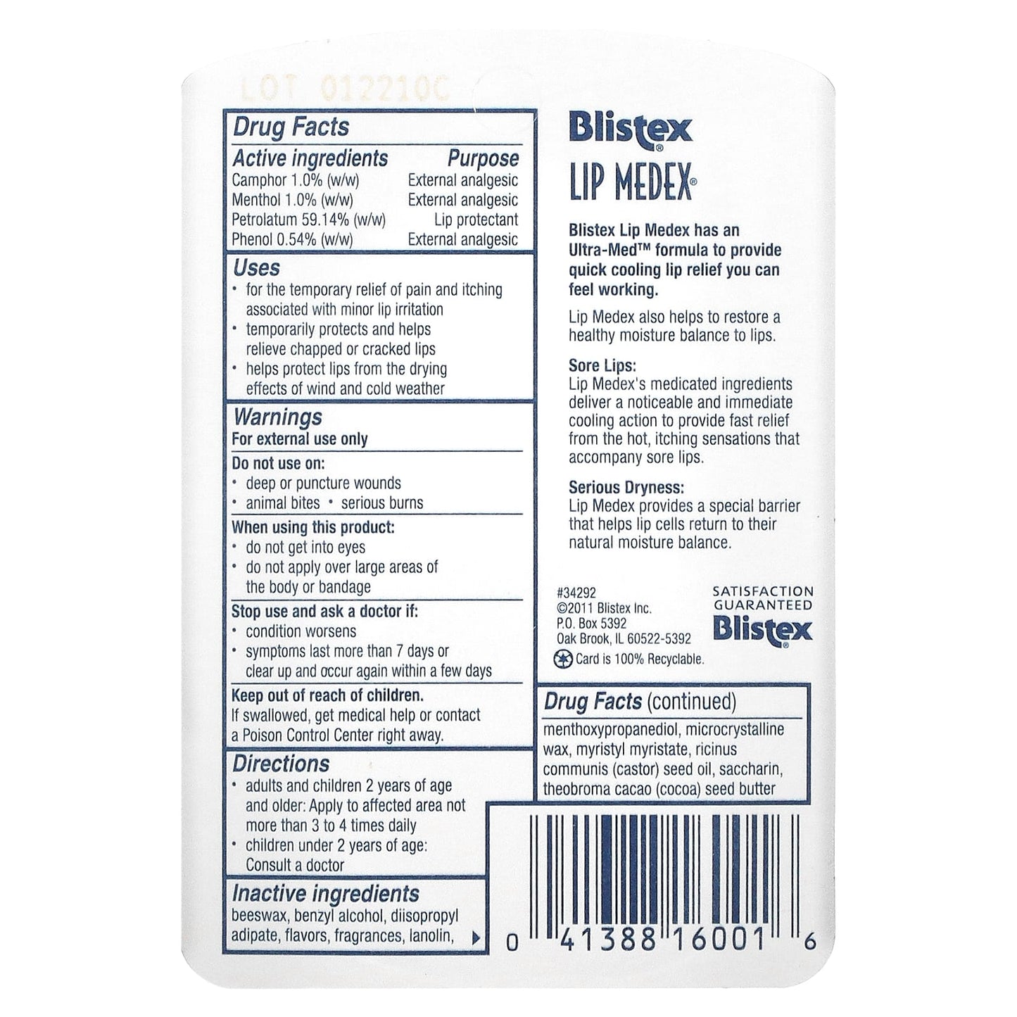 Blistex, Lip Medex, External Analgesic Lip Protectant, 0.38 oz (10.75 g)