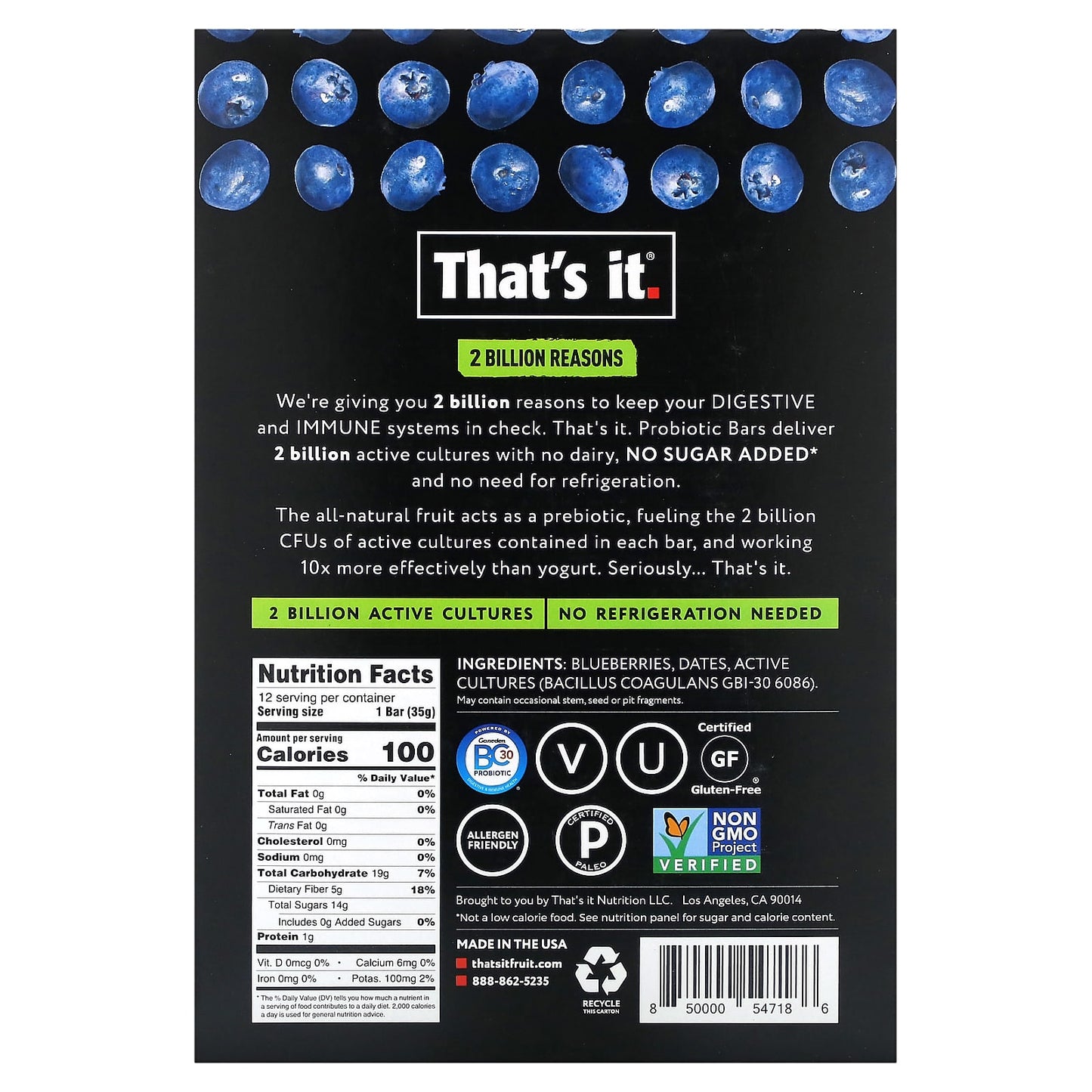 That's It, Prebiotics + Probiotics Fruit Bar, Blueberry, 12 Bars, 1.2 oz (35 g) Each