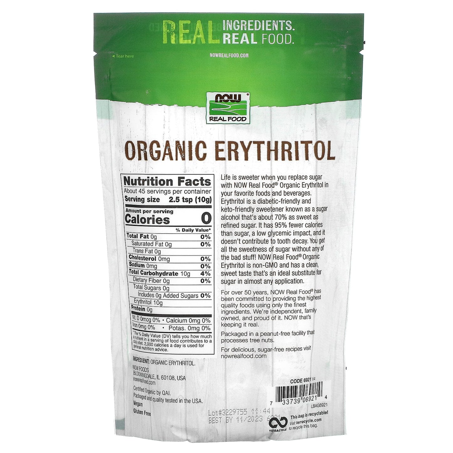 NOW Foods, Real Food, Organic Erythritol, 1 lb (454 g)