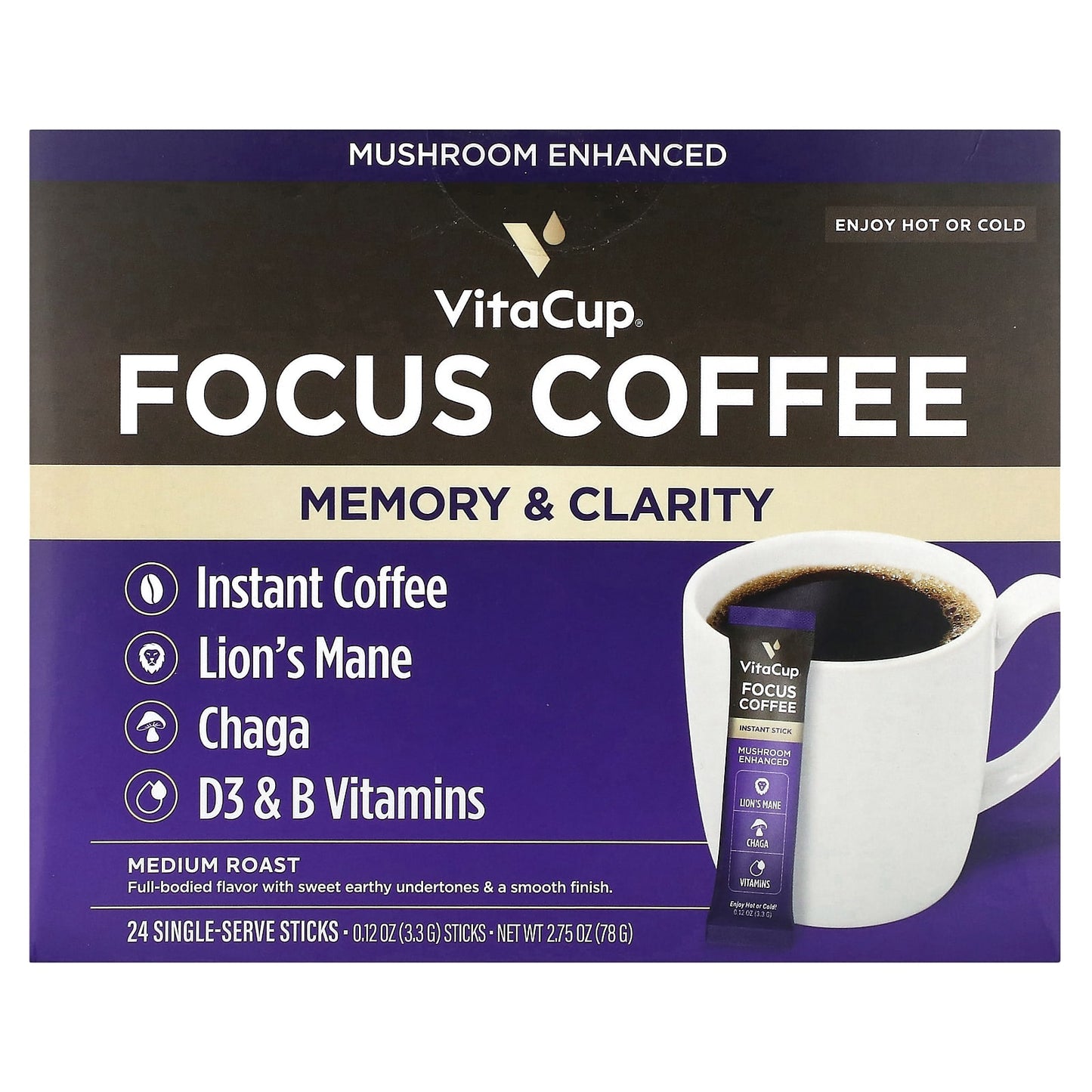 VitaCup-Focus Coffee-Memory & Clarity-Instant-Medium Roast-24 Single-Serve Sticks-0.12 oz (3.3 g) Each