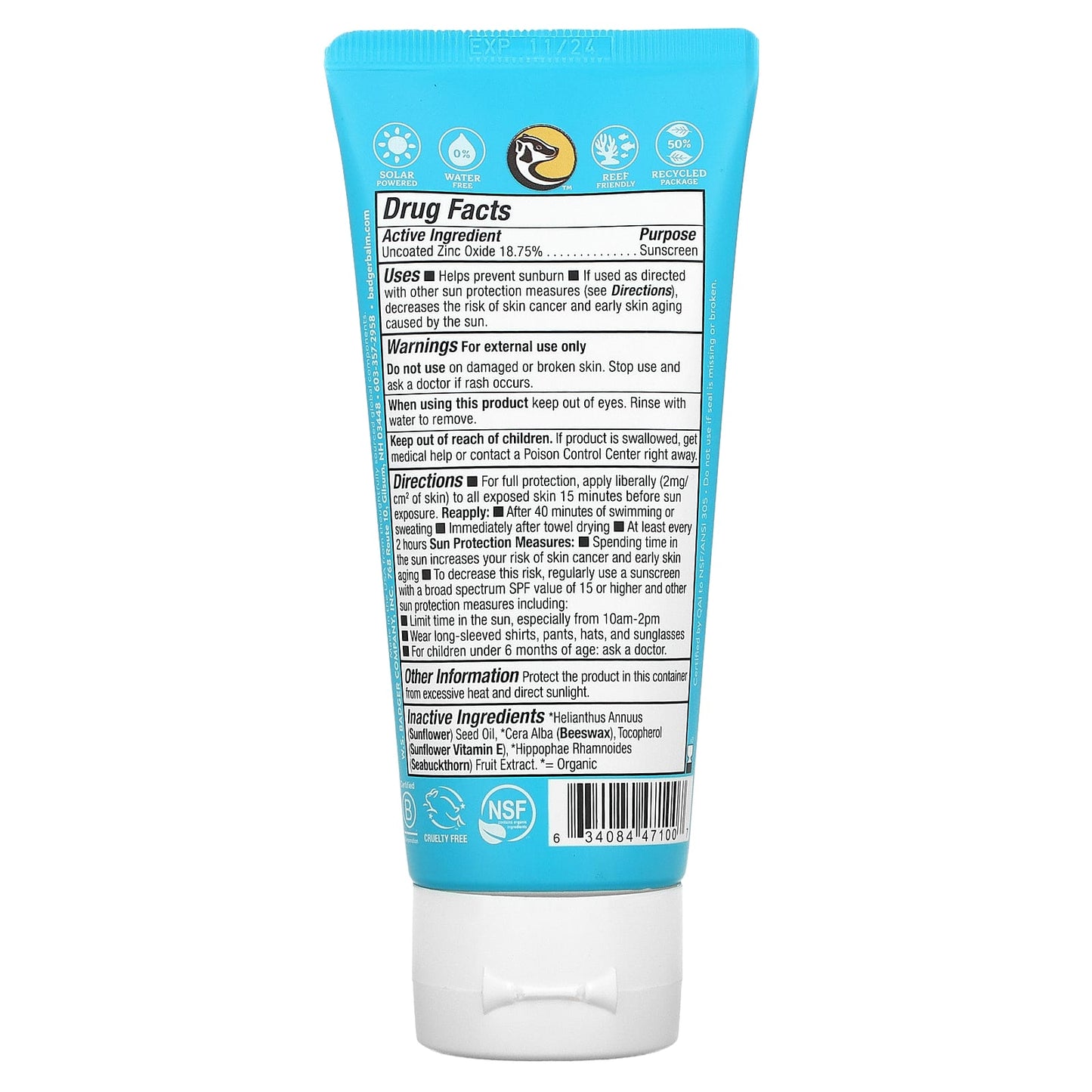 Badger Company, Active, Mineral Sunscreen Cream, SPF 30, Unscented, 2.9 fl oz (87 ml)