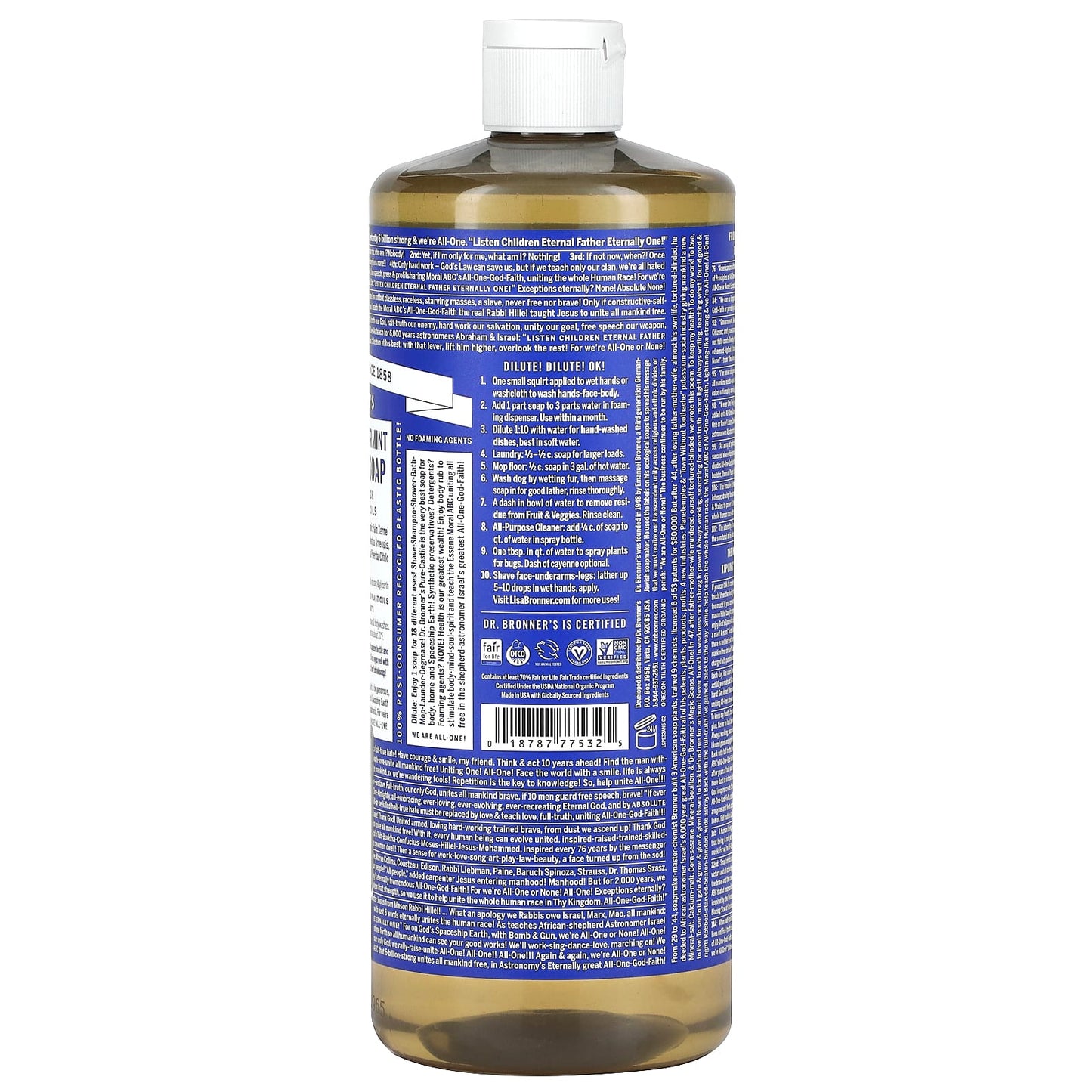 Dr. Bronner's, 18-in-1 Hemp Pure-Castile Soap, Peppermint, 32 fl oz (946 ml)